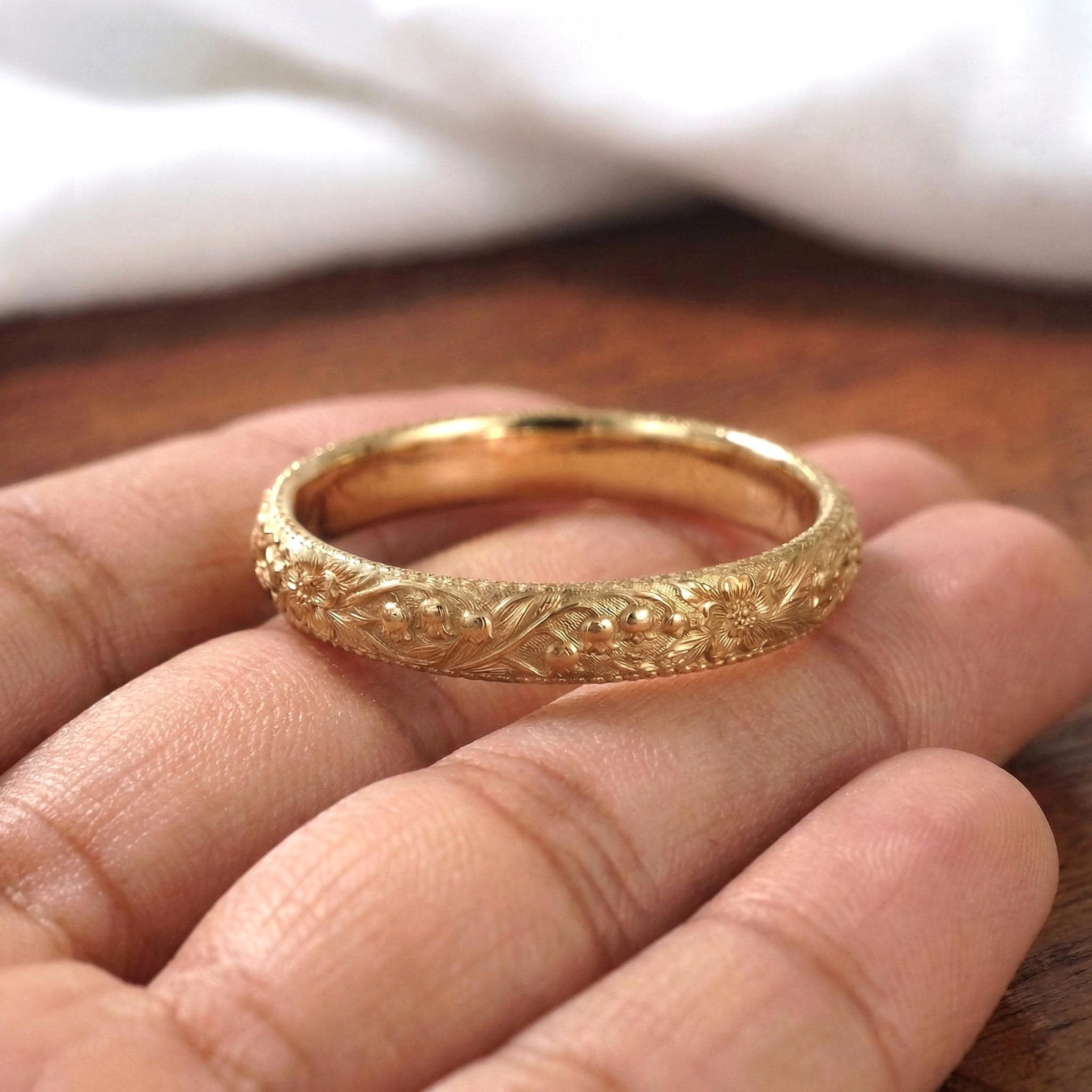 Lily of the Valley Floral Wedding Band, Unique Flower 10K/14K/18K Plain Gold Antique Ring, May Birth Flower Band