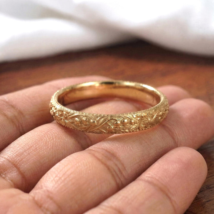 Lily of the Valley Floral Wedding Band, Unique Flower 10K/14K/18K Plain Gold Antique Ring, May Birth Flower Band