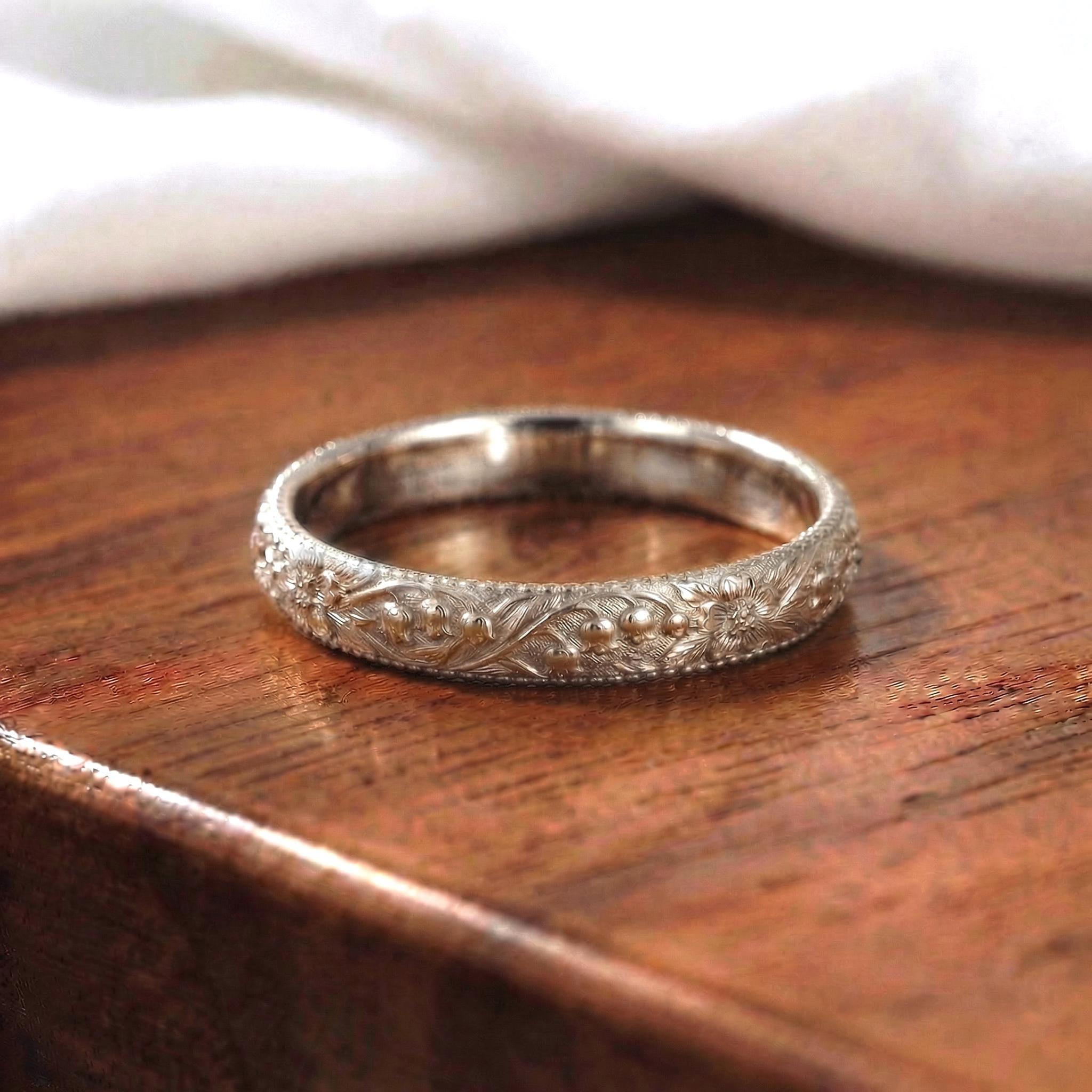 Lily of the Valley Floral Wedding Band, Unique Flower 10K/14K/18K Plain Gold Antique Ring, May Birth Flower Band