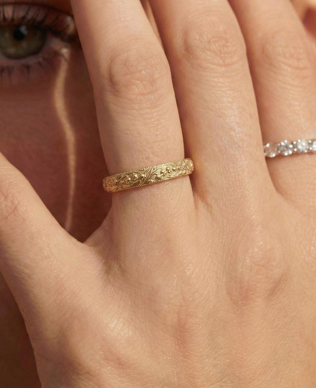 Lily of the Valley Floral Wedding Band, Unique Flower 10K/14K/18K Plain Gold Antique Ring, May Birth Flower Band