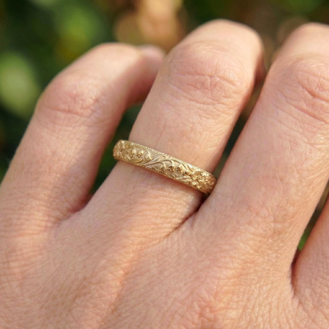 Lily of the Valley Floral Wedding Band, Unique Flower 10K/14K/18K Plain Gold Antique Ring, May Birth Flower Band