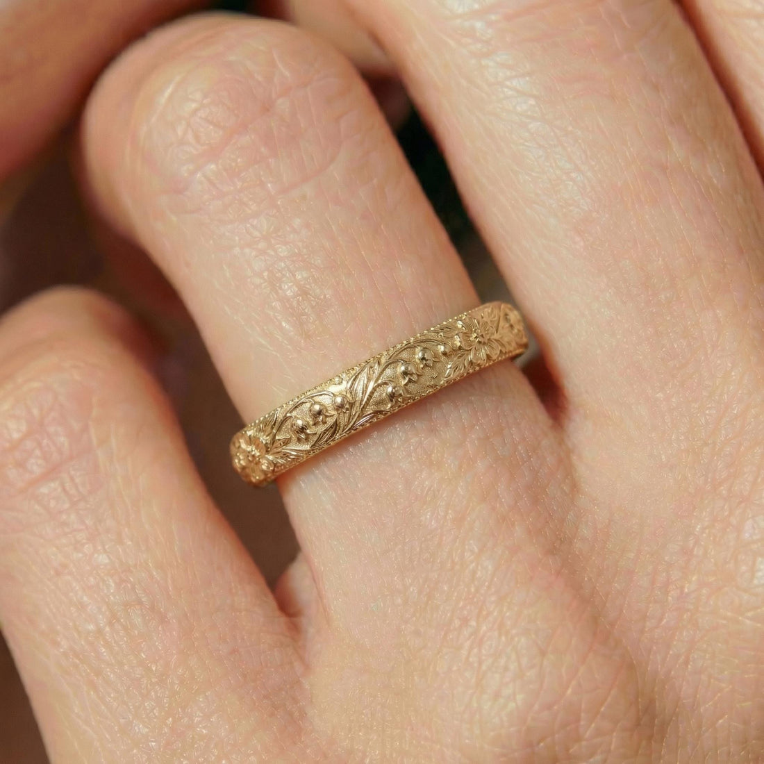 Lily of the Valley Floral Wedding Band, Unique Flower 10K/14K/18K Plain Gold Antique Ring, May Birth Flower Band