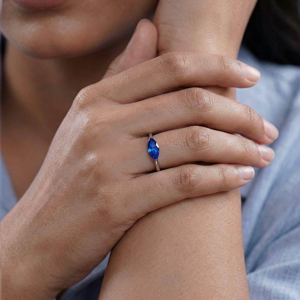 East West Marquise Blue Zircon Travel Ring, Minimalist Solitaire Engagement Ring, Dainty Marquise Cut Promise Ring, December Birthstone Ring