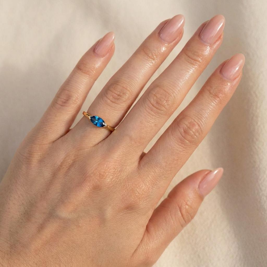 East West Marquise Blue Zircon Travel Ring, Minimalist Solitaire Engagement Ring, Dainty Marquise Cut Promise Ring, December Birthstone Ring