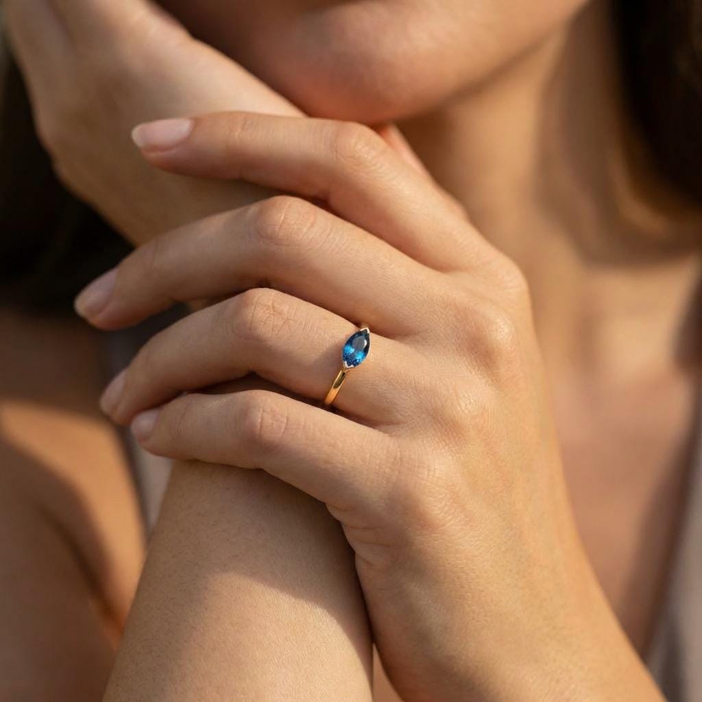 East West Marquise Blue Zircon Travel Ring, Minimalist Solitaire Engagement Ring, Dainty Marquise Cut Promise Ring, December Birthstone Ring