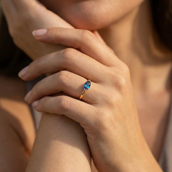 East West Marquise Blue Zircon Travel Ring, Minimalist Solitaire Engagement Ring, Dainty Marquise Cut Promise Ring, December Birthstone Ring