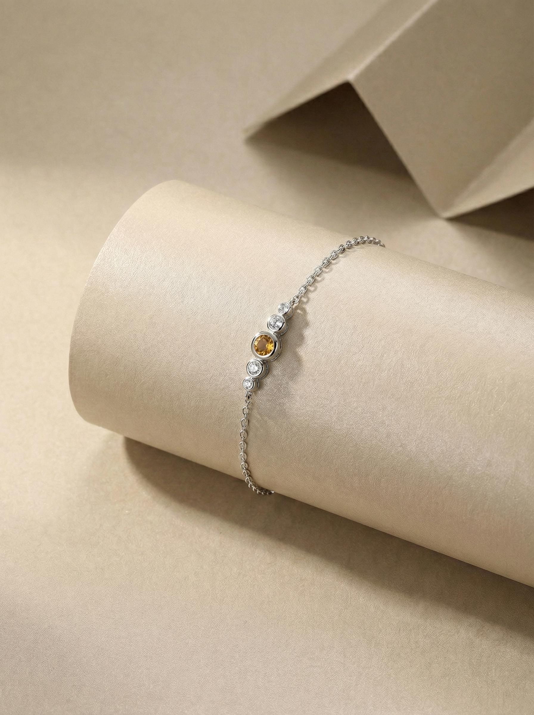 November Birthstone Natural Citrine Bezel Bracelet in 14k Gold or Silver - Personalized Bridesmaid Gift