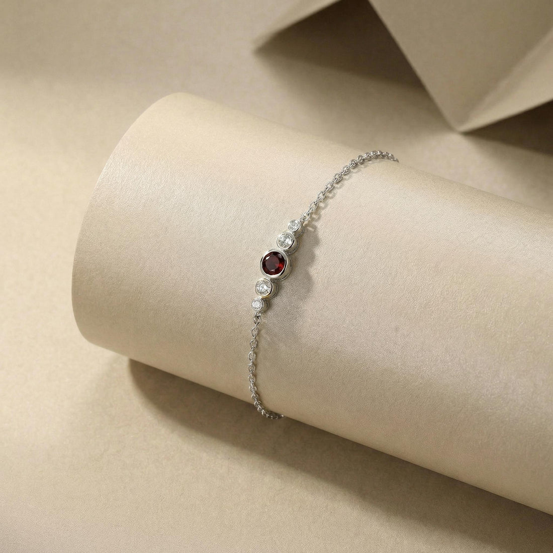 Natural Garnet Bezel Bracelet in 14k Gold - Personalized Bridesmaid Gift January Birthstone