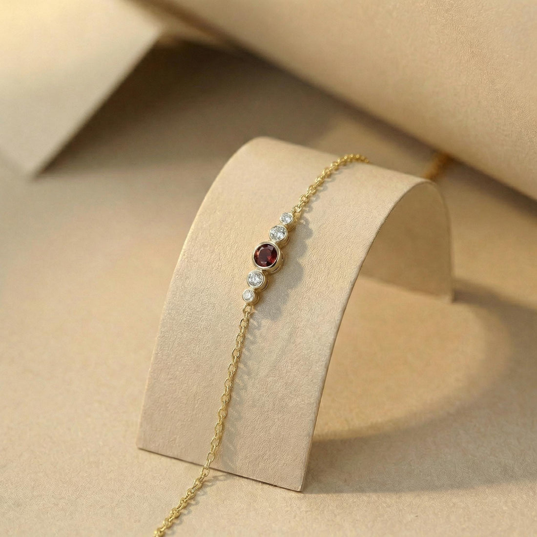 Natural Garnet Bezel Bracelet in 14k Gold - Personalized Bridesmaid Gift January Birthstone