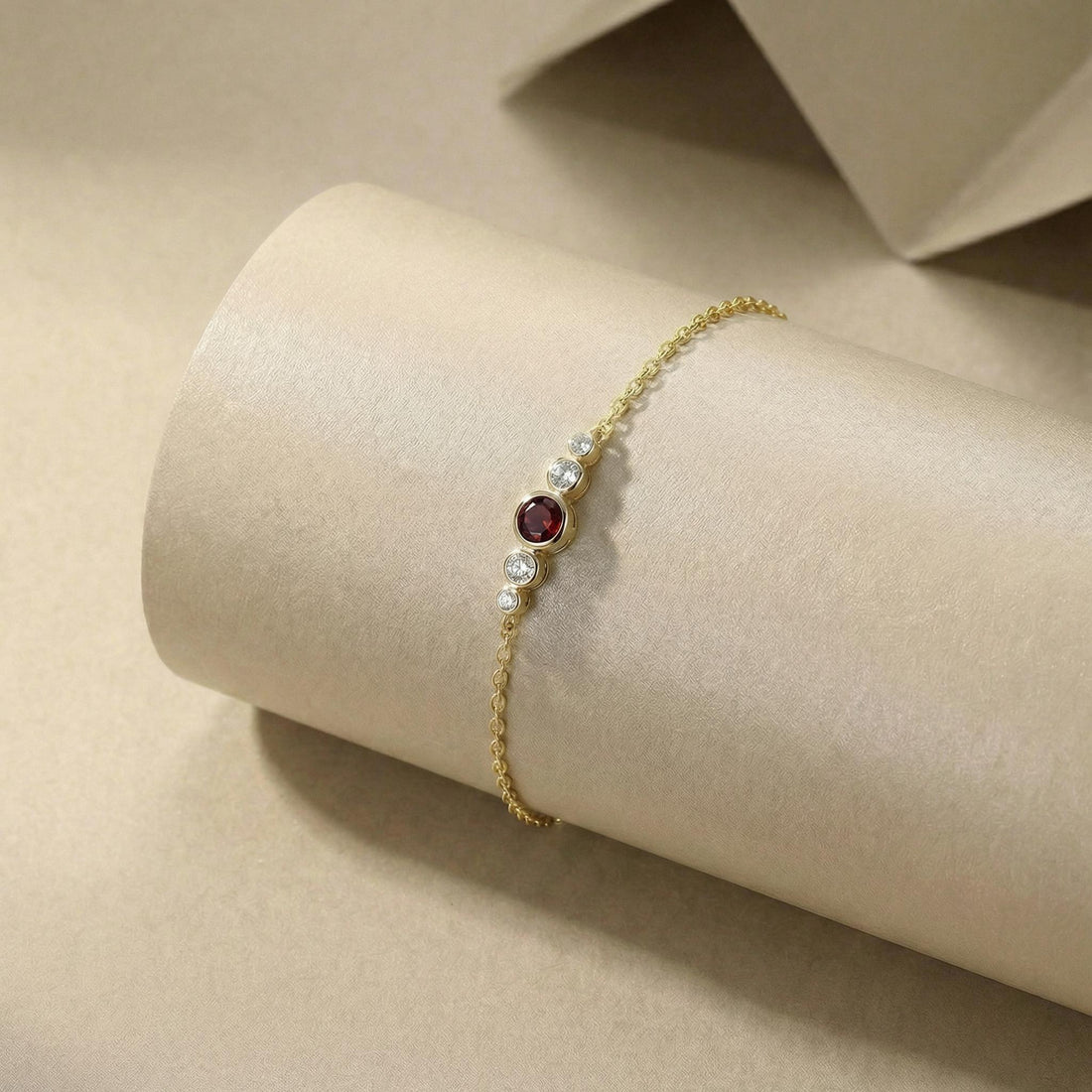 Natural Garnet Bezel Bracelet in 14k Gold - Personalized Bridesmaid Gift January Birthstone