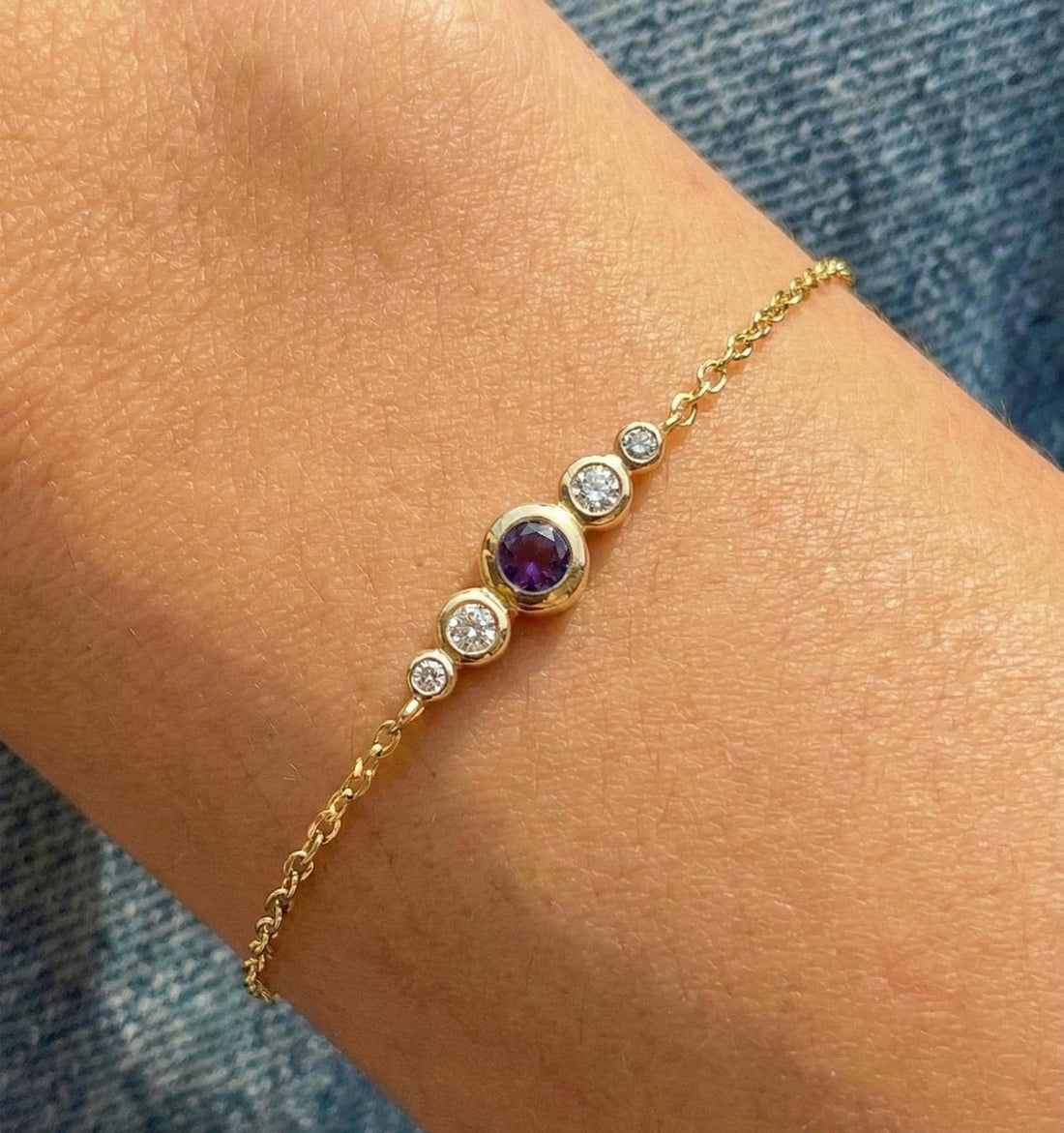 Amethyst Bezel Bracelet, February Birthstone Jewelry, 14K Gold Gemstone Bracelet, Personalized Bridesmaid Gift for Her