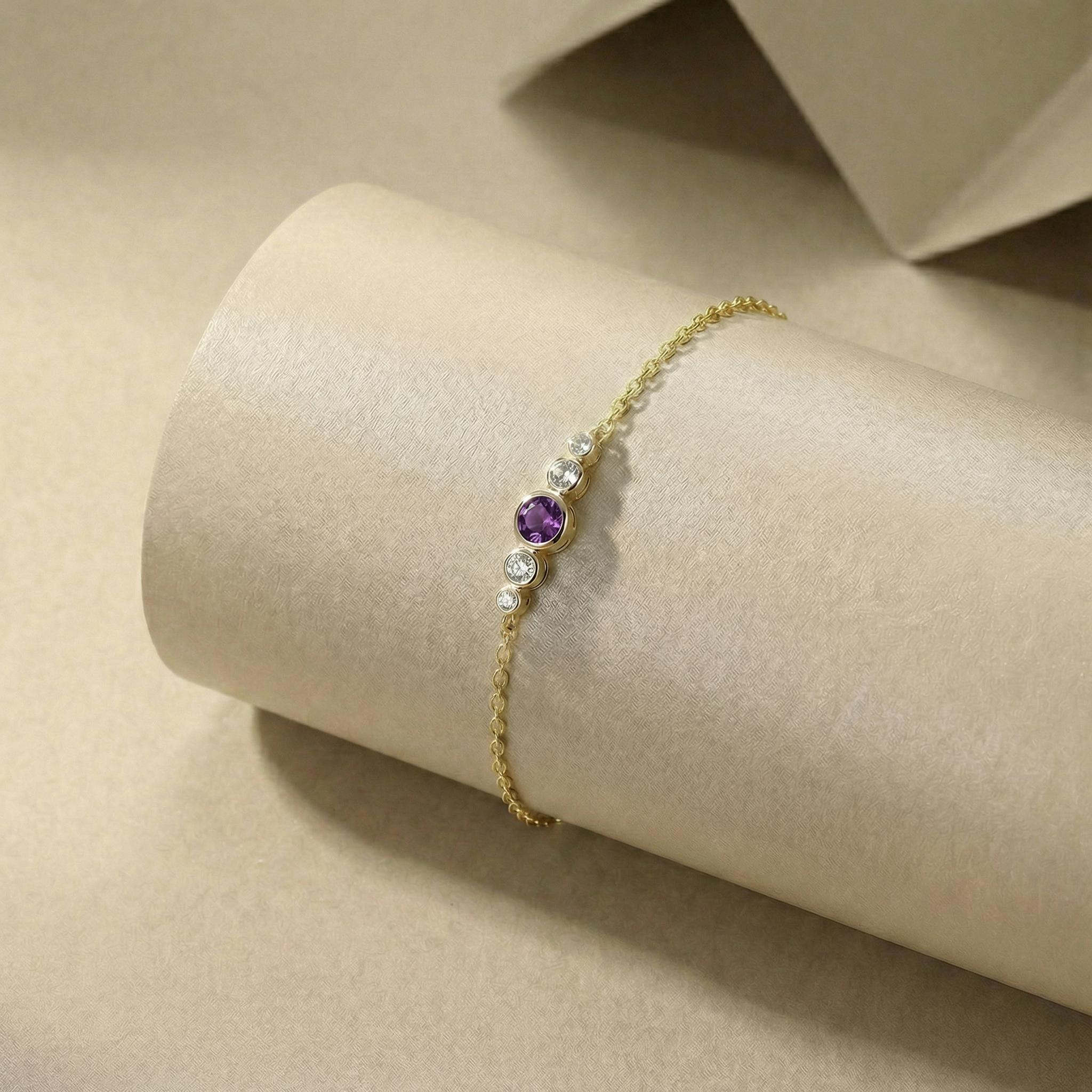 Amethyst Bezel Bracelet, February Birthstone Jewelry, 14K Gold Gemstone Bracelet, Personalized Bridesmaid Gift for Her