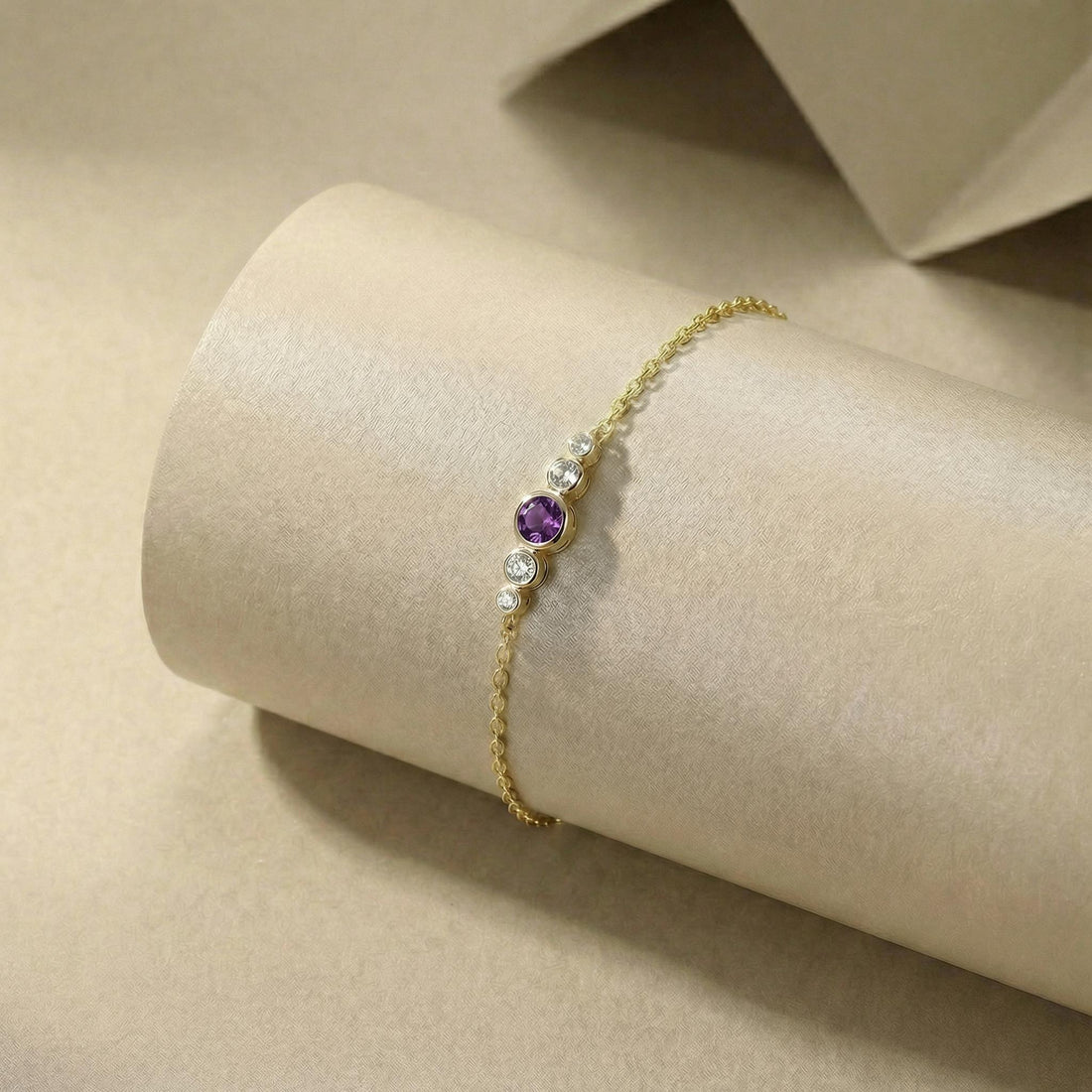 Amethyst Bezel Bracelet, February Birthstone Jewelry, 14K Gold Gemstone Bracelet, Personalized Bridesmaid Gift for Her