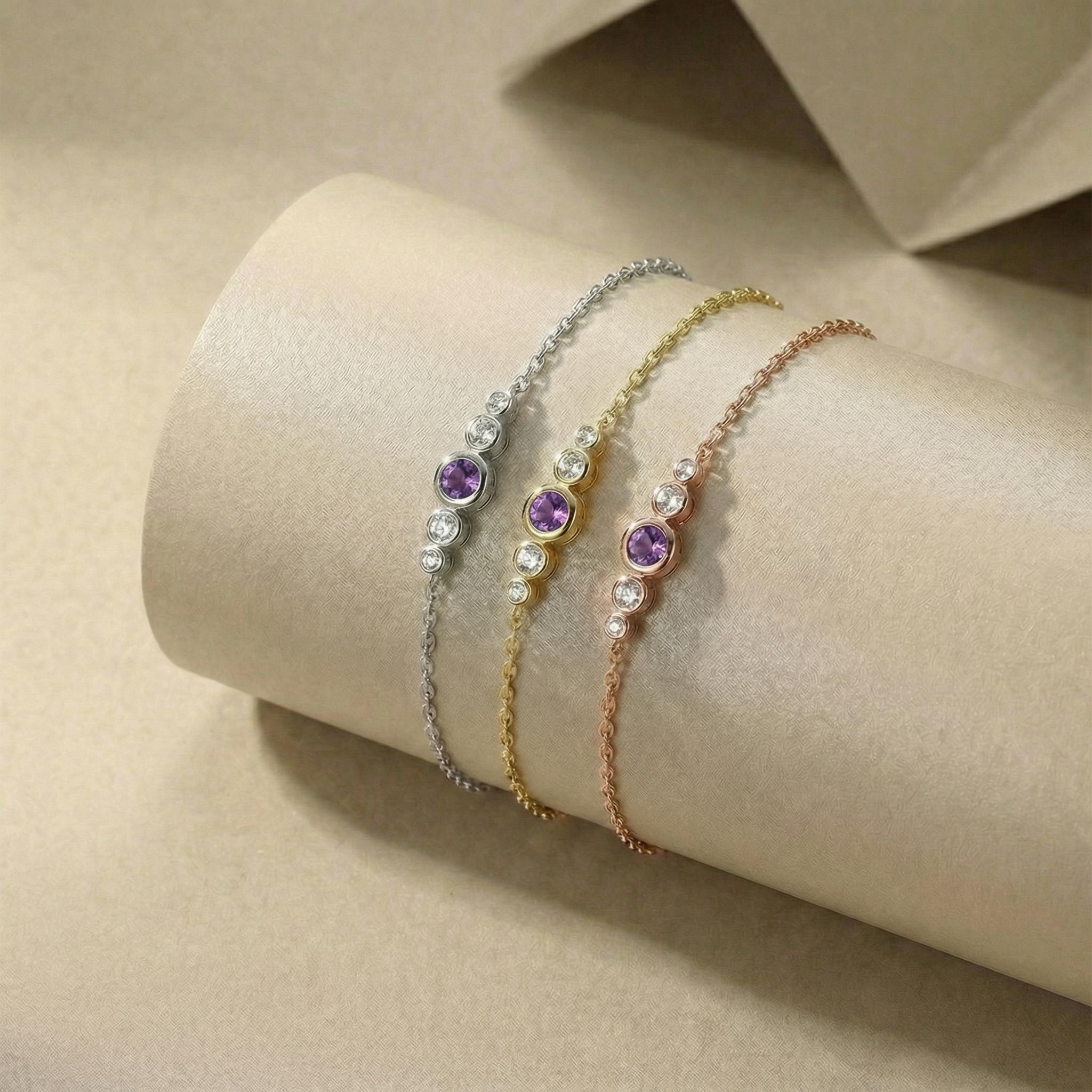 Amethyst Bezel Bracelet, February Birthstone Jewelry, 14K Gold Gemstone Bracelet, Personalized Bridesmaid Gift for Her