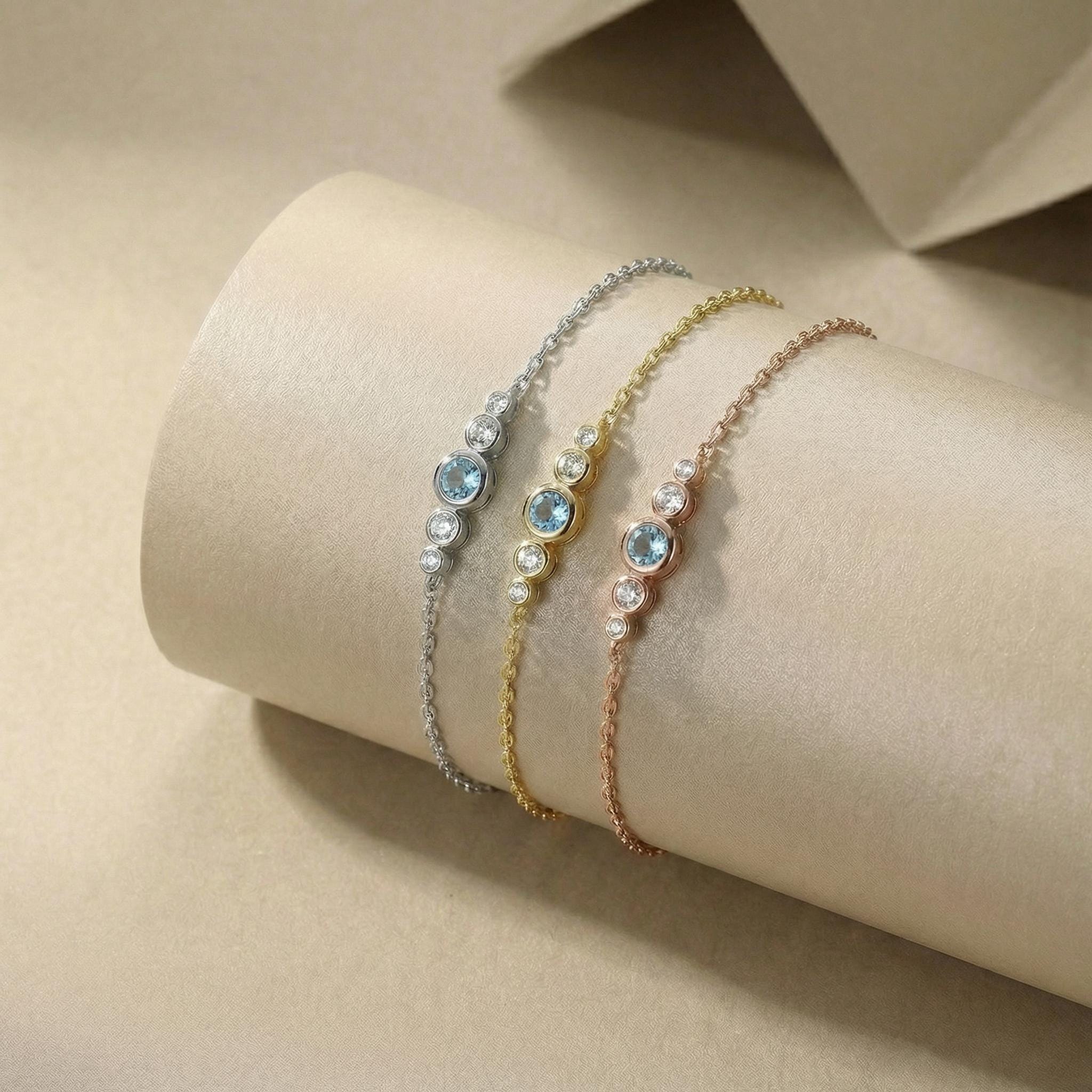 March Birthstone Natural Aquamarine Bezel Bracelet in 14k Gold or Silver - Personalized Bridesmaid Gift