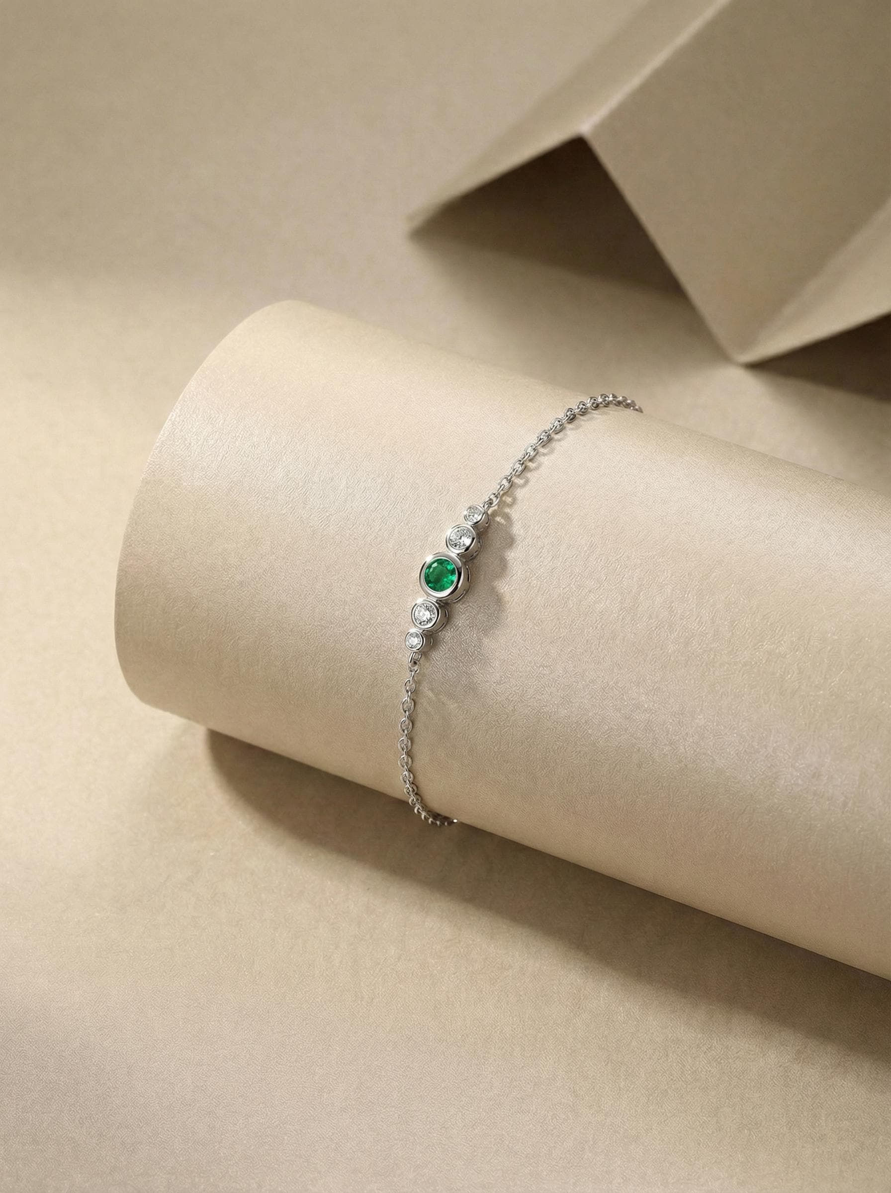 May Birthstone Natural Emerald Bezel Bracelet in 14k Gold or Silver - Personalized Bridesmaid Gift