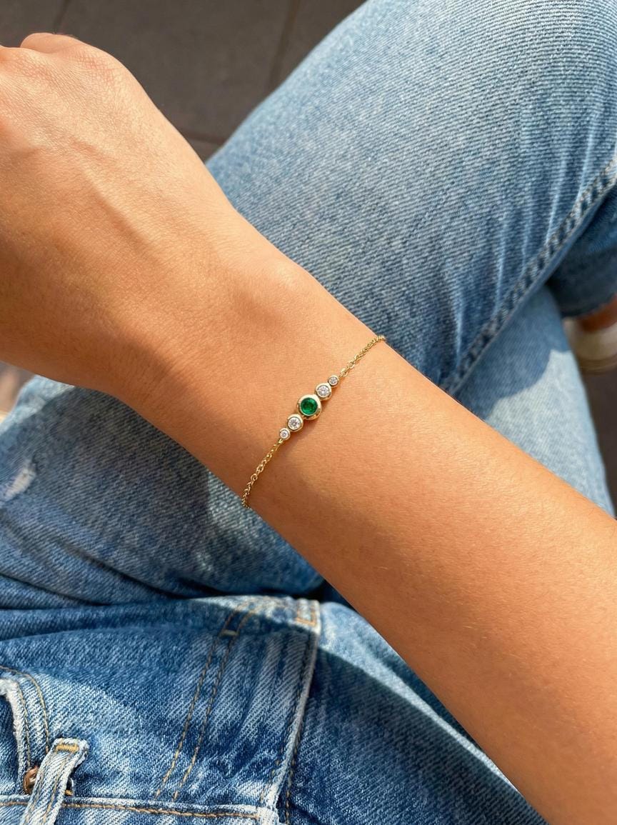 May Birthstone Natural Emerald Bezel Bracelet in 14k Gold or Silver - Personalized Bridesmaid Gift