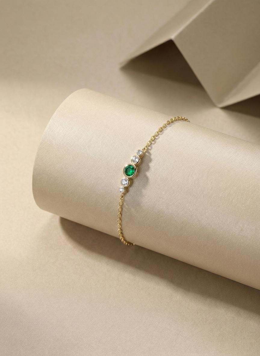 May Birthstone Natural Emerald Bezel Bracelet in 14k Gold or Silver - Personalized Bridesmaid Gift