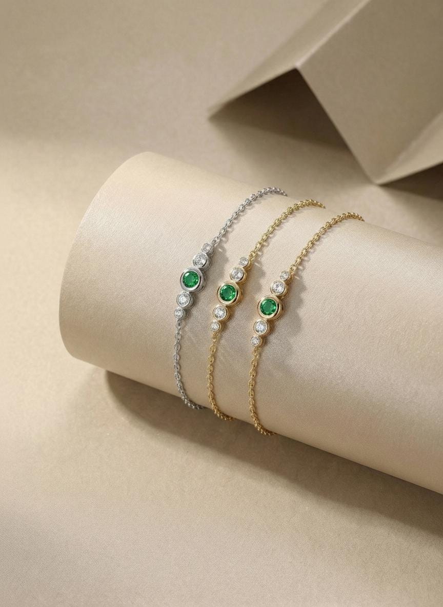 May Birthstone Natural Emerald Bezel Bracelet in 14k Gold or Silver - Personalized Bridesmaid Gift