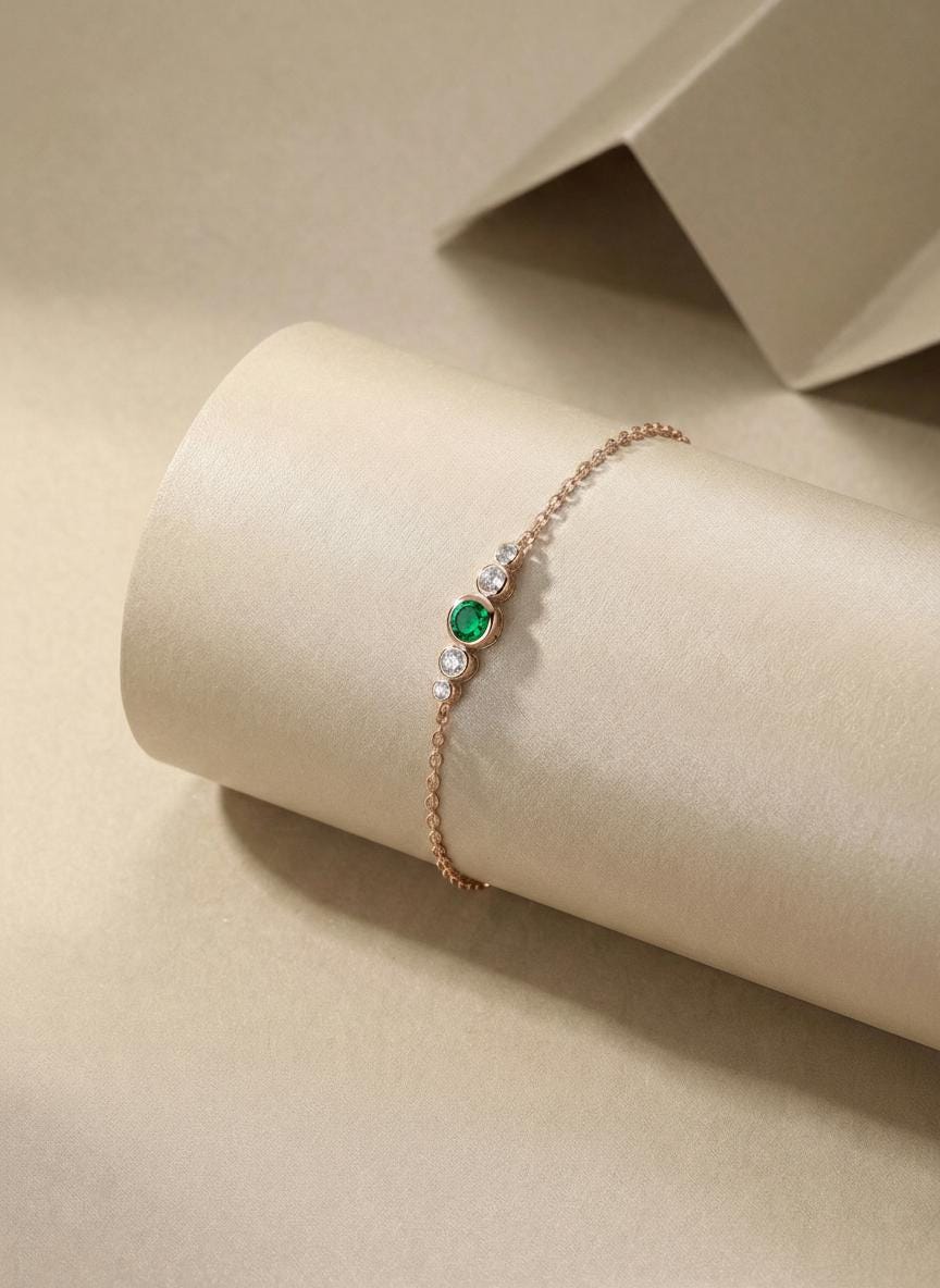 May Birthstone Natural Emerald Bezel Bracelet in 14k Gold or Silver - Personalized Bridesmaid Gift