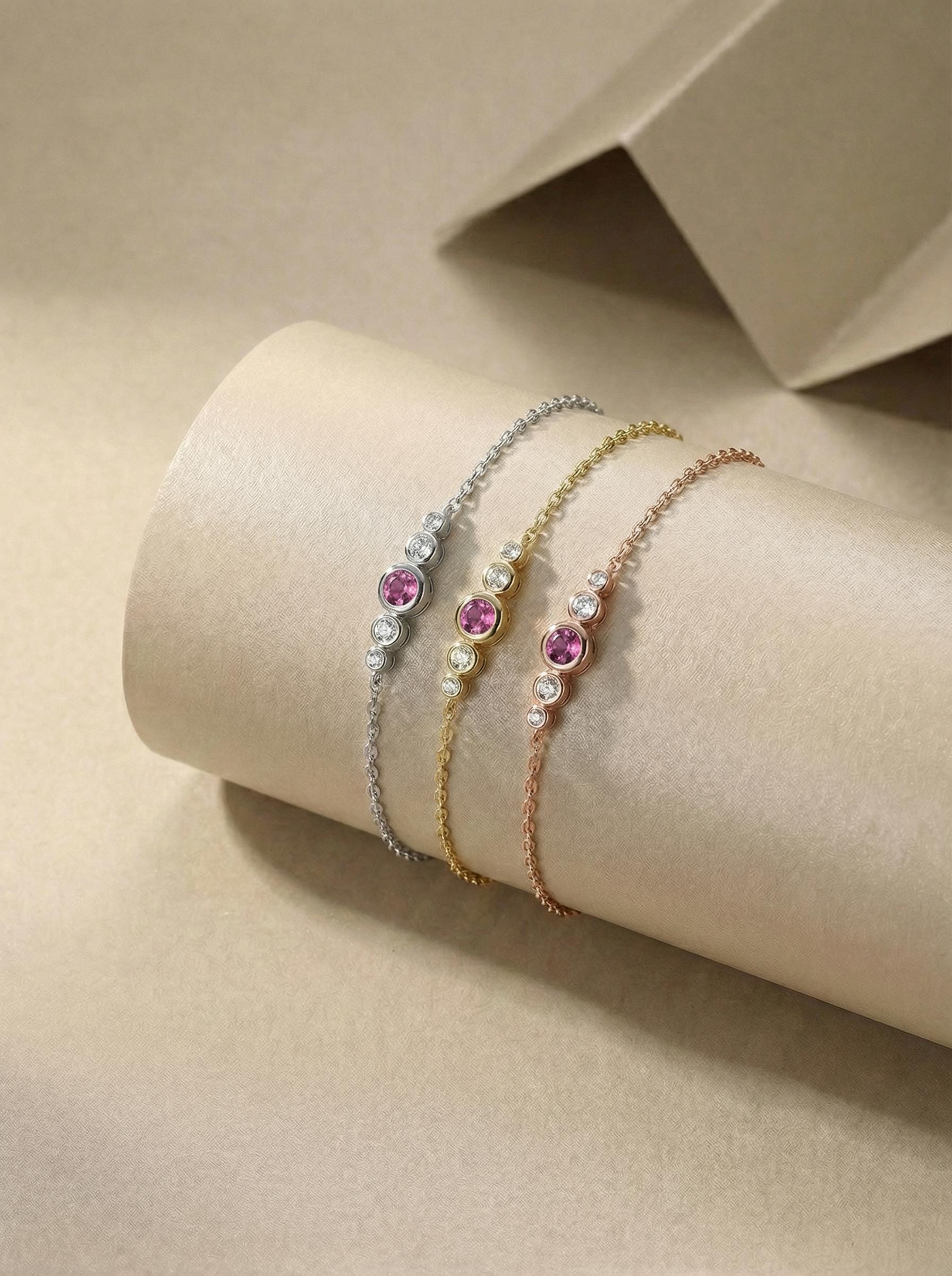 October Birthstone  Pink Tourmaline Bezel Bracelet in 14k Gold or Silver - Personalized Bridesmaid Gift
