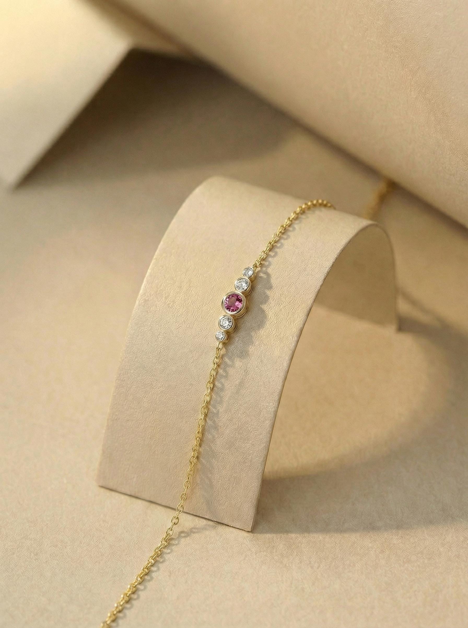 October Birthstone  Pink Tourmaline Bezel Bracelet in 14k Gold or Silver - Personalized Bridesmaid Gift
