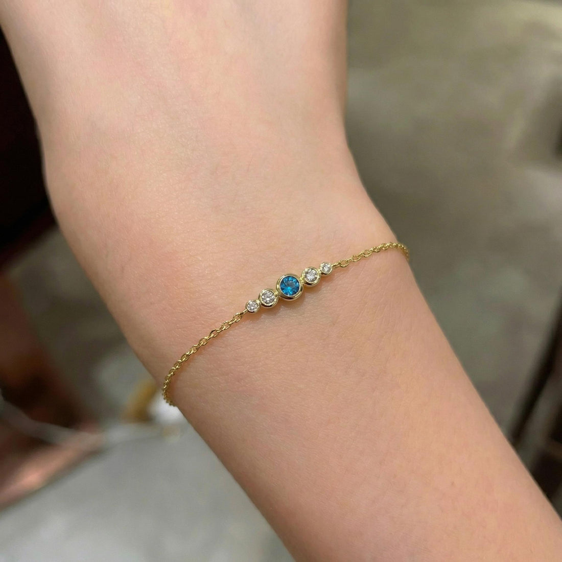 December Birthstone Natural Blue Zircon Bezel Bracelet in 14k Gold or Silver - Personalized Bridesmaid Gift B-044