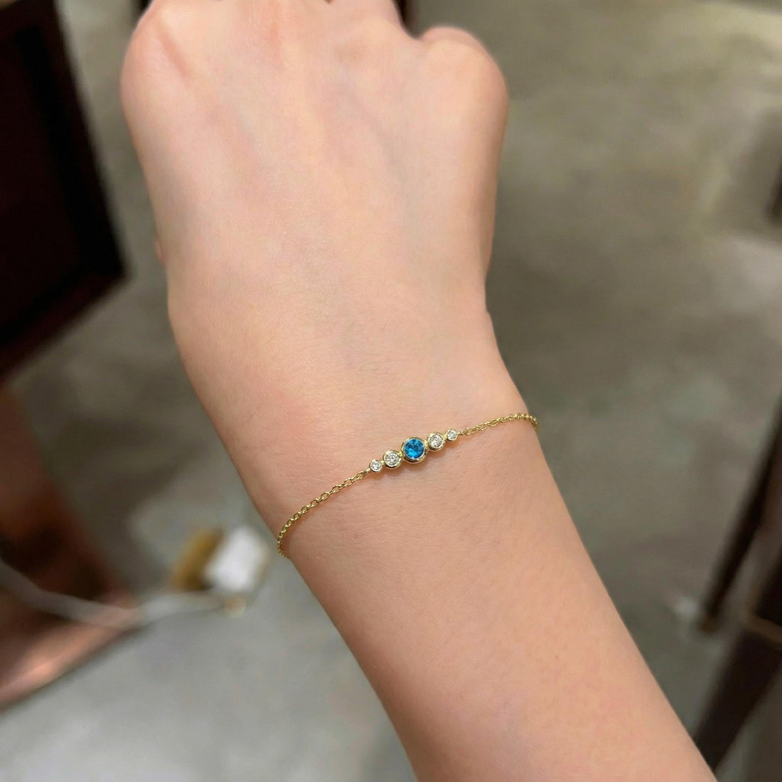 December Birthstone Natural Blue Zircon Bezel Bracelet in 14k Gold or Silver - Personalized Bridesmaid Gift B-044