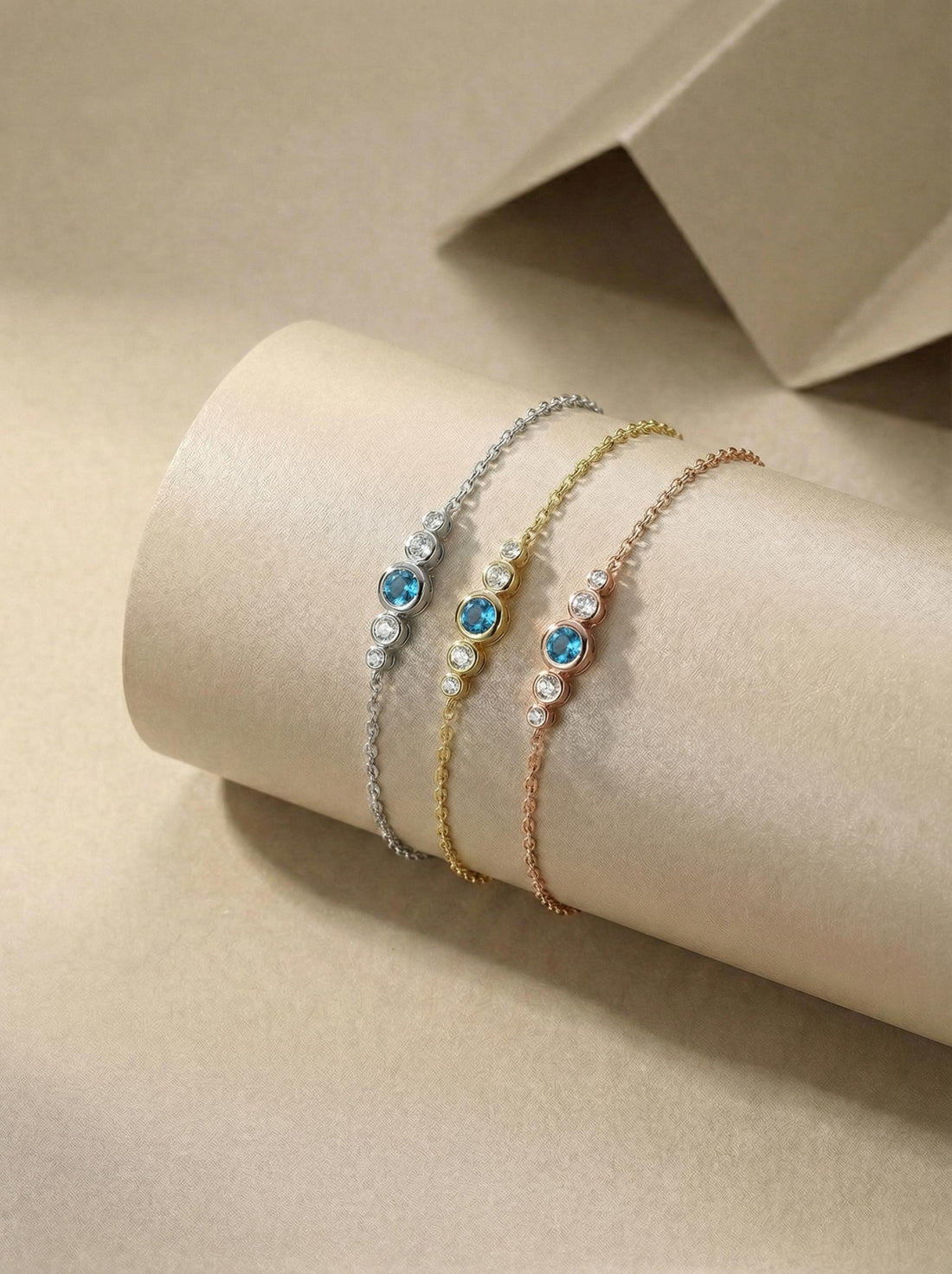 December Birthstone Natural Blue Zircon Bezel Bracelet in 14k Gold or Silver - Personalized Bridesmaid Gift B-044