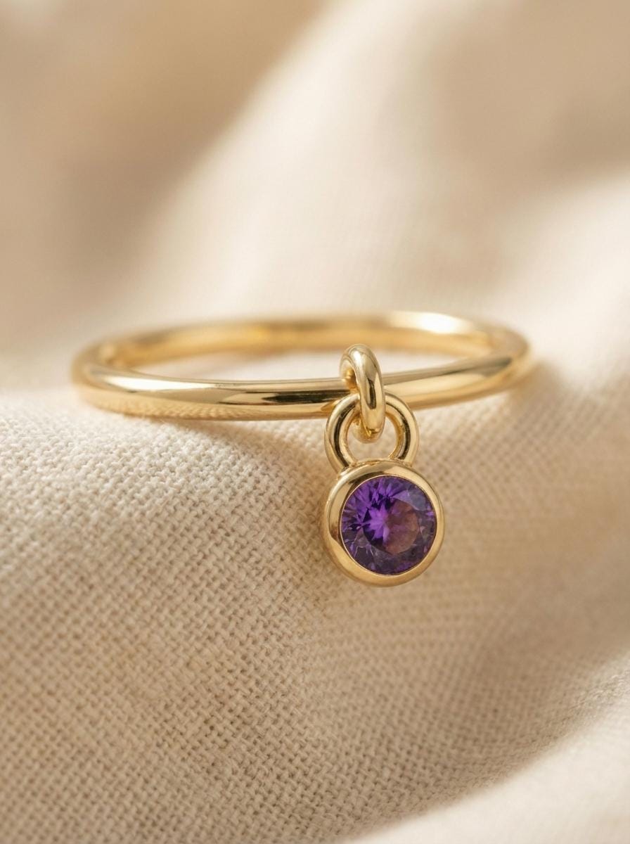 Amethyst Charm Ring Dainty Purple Gemstone Ring Minimalist Bezel Amethyst Ring February Birthstone Ring Delicate Gold Stackable Ring Gift