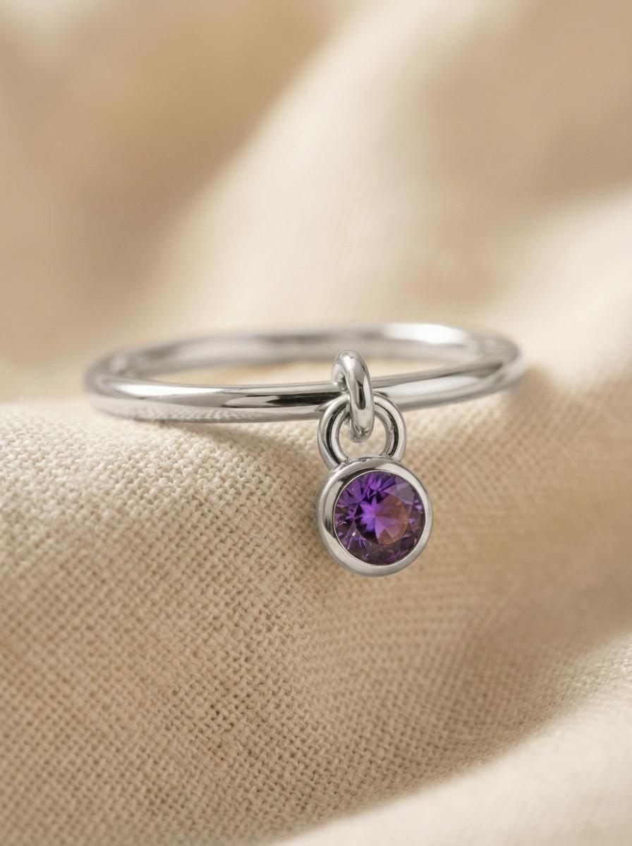 Amethyst Charm Ring Dainty Purple Gemstone Ring Minimalist Bezel Amethyst Ring February Birthstone Ring Delicate Gold Stackable Ring Gift
