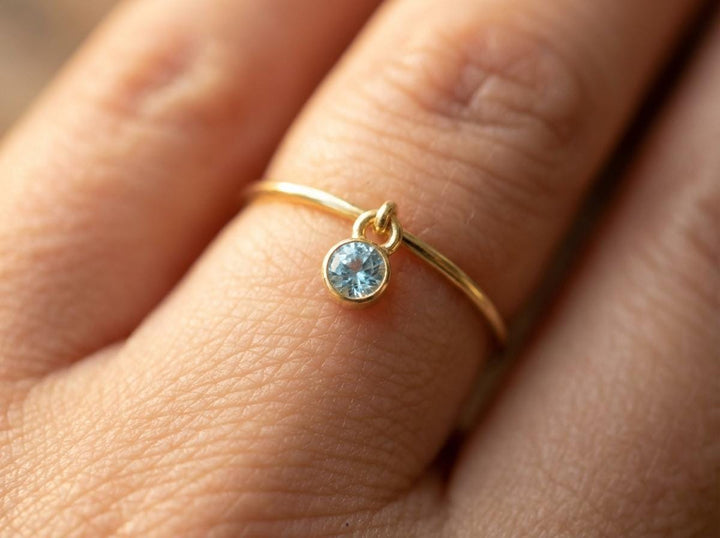 Aquamarine Charm Ring Dainty Blue Gemstone Ring Minimalist Bezel Aquamarine Ring March Birthstone Ring Delicate Gold Stackable Ring Gift