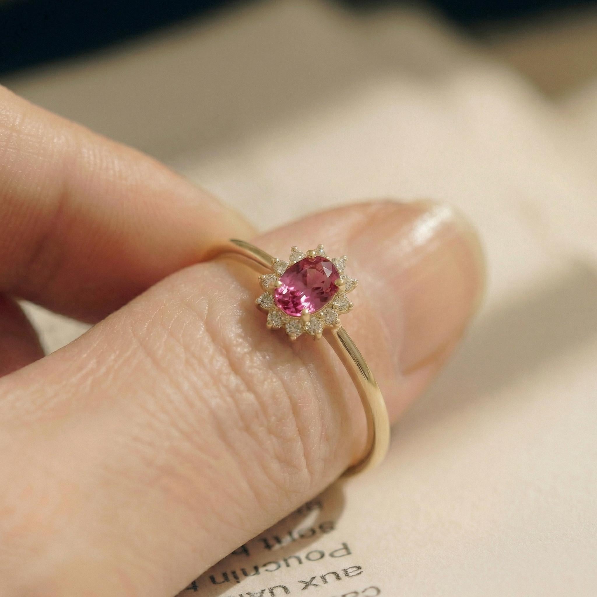 Oval Pink Tourmaline Halo Ring, 14K Solid Gold Pink Tourmaline Solitaire Ring, October Birthstone Ring