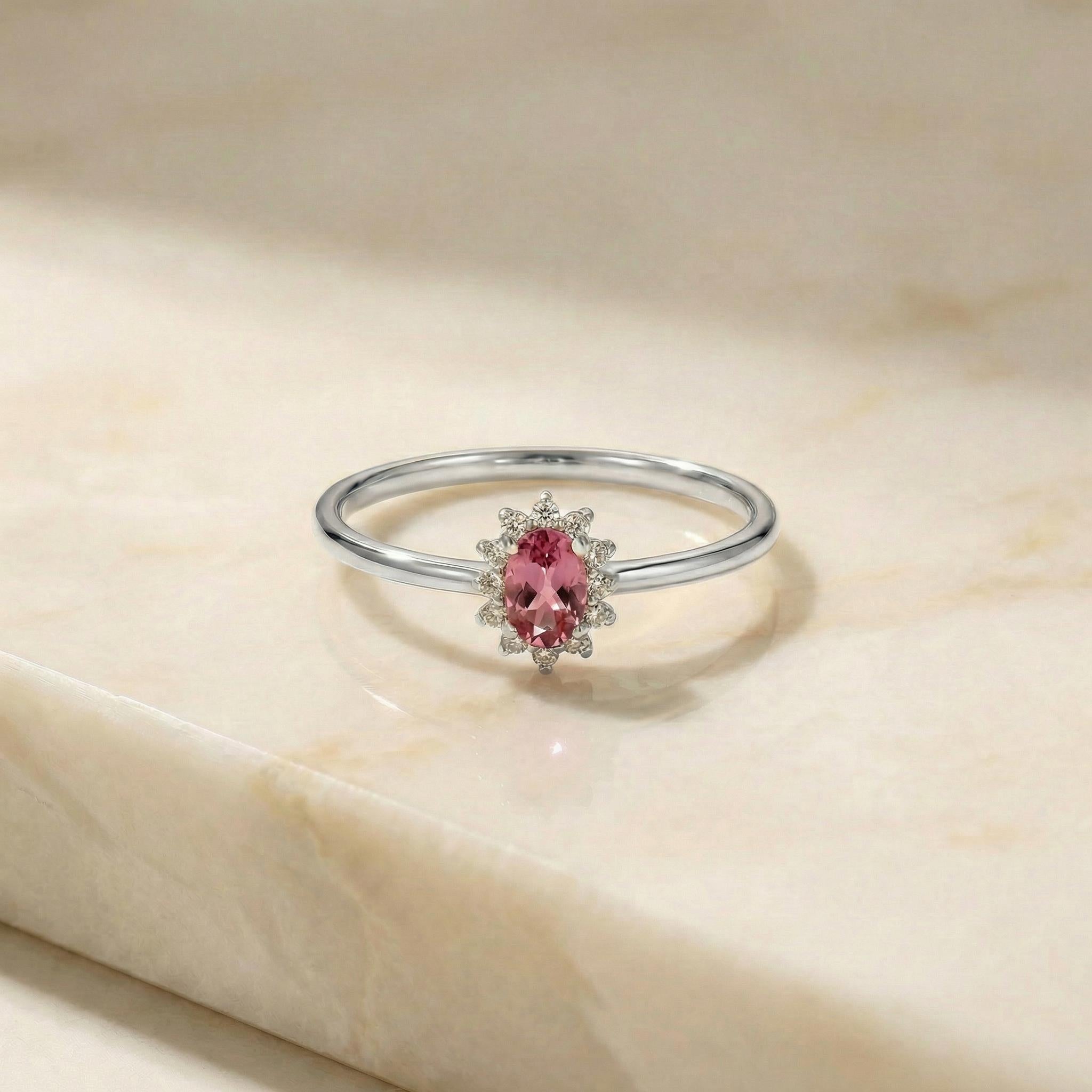 Oval Pink Tourmaline Halo Ring, 14K Solid Gold Pink Tourmaline Solitaire Ring, October Birthstone Ring