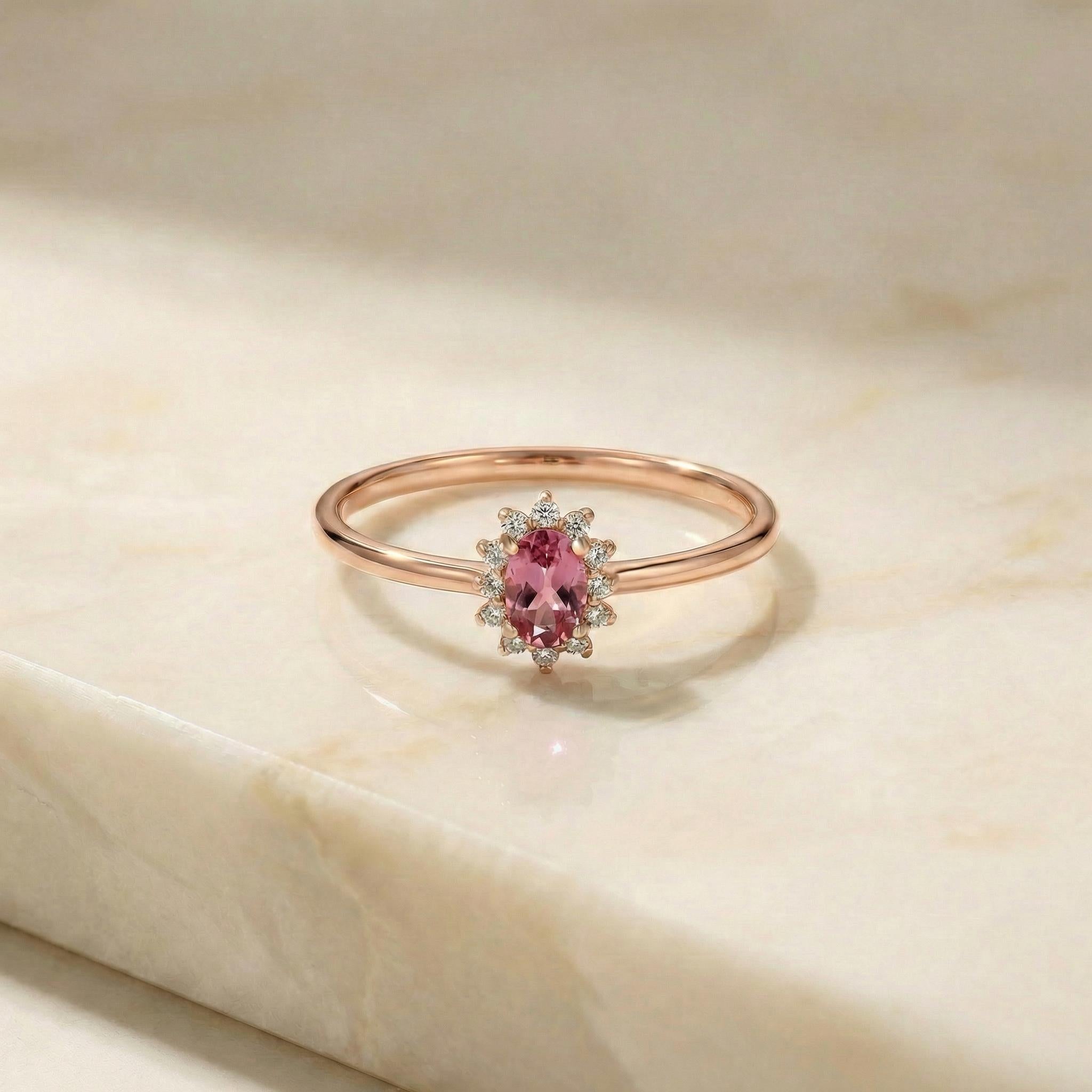 Oval Pink Tourmaline Halo Ring, 14K Solid Gold Pink Tourmaline Solitaire Ring, October Birthstone Ring