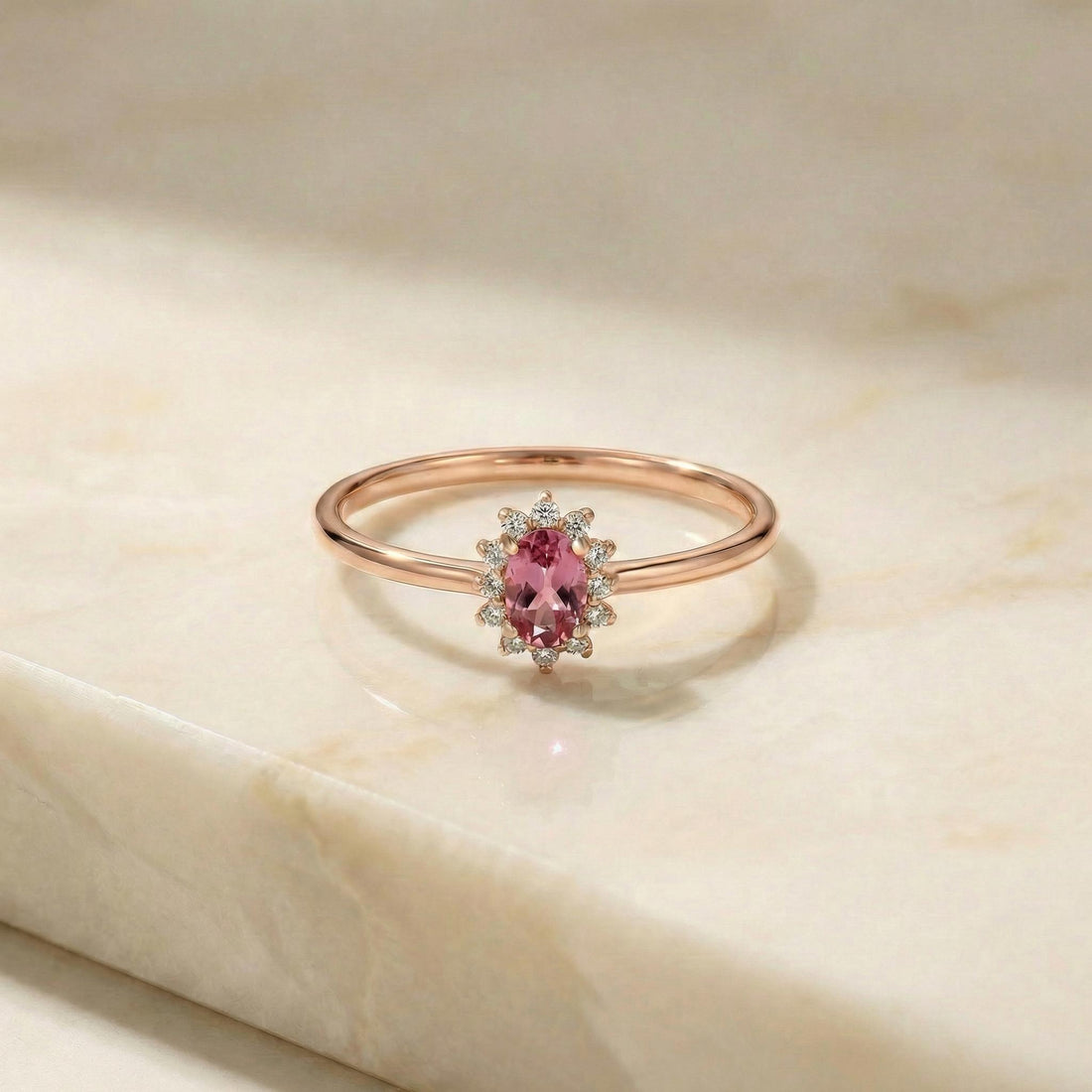 Oval Pink Tourmaline Halo Ring, 14K Solid Gold Pink Tourmaline Solitaire Ring, October Birthstone Ring