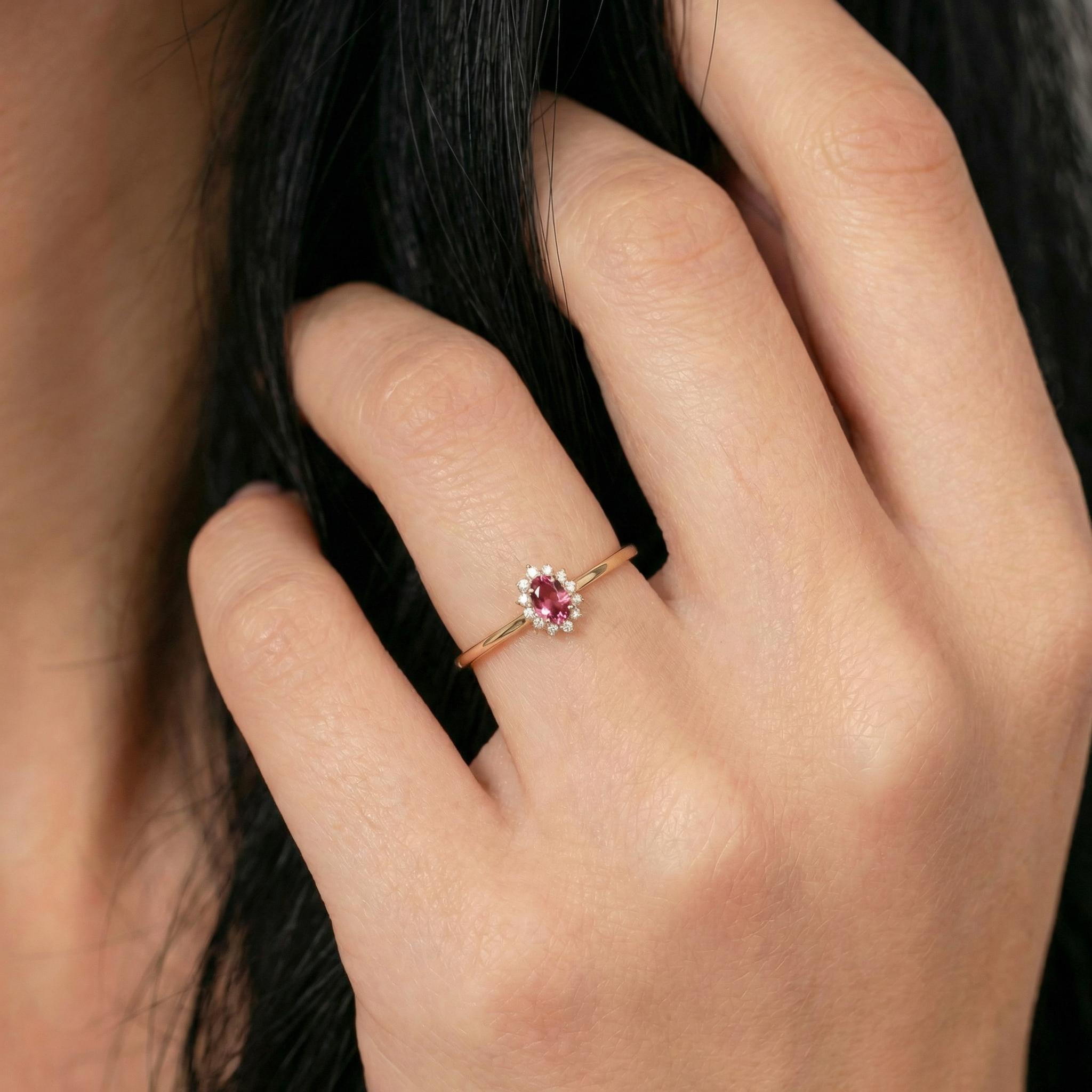 Oval Pink Tourmaline Halo Ring, 14K Solid Gold Pink Tourmaline Solitaire Ring, October Birthstone Ring