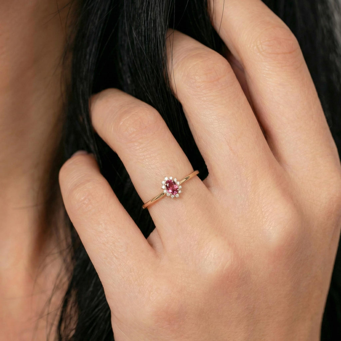 Oval Pink Tourmaline Halo Ring, 14K Solid Gold Pink Tourmaline Solitaire Ring, October Birthstone Ring