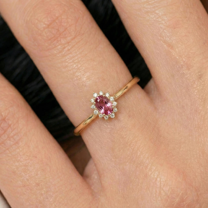 Oval Pink Tourmaline Halo Ring, 14K Solid Gold Pink Tourmaline Solitaire Ring, October Birthstone Ring