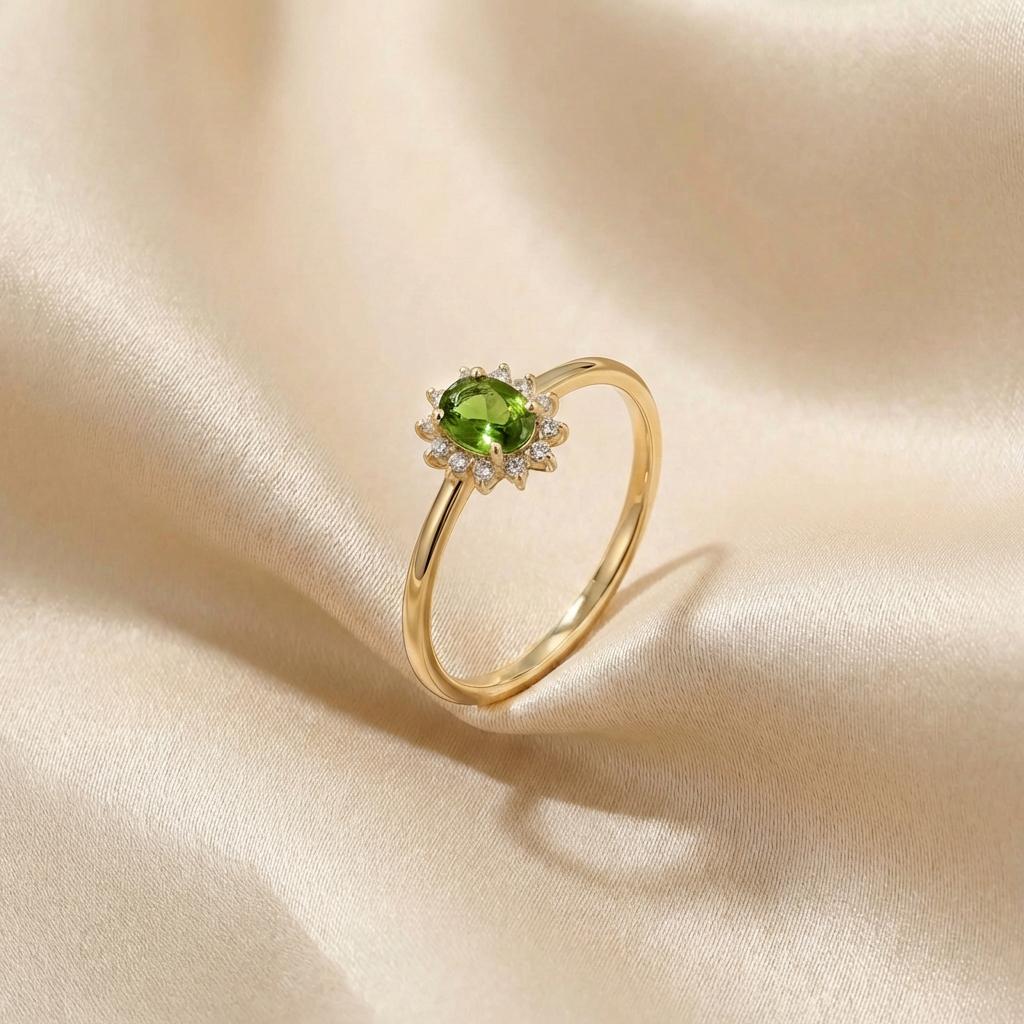Oval Peridot Halo Ring, 14K Solid Gold Peridot Solitaire Ring, August Birthstone Ring, Dainty Gold Engagement Ring