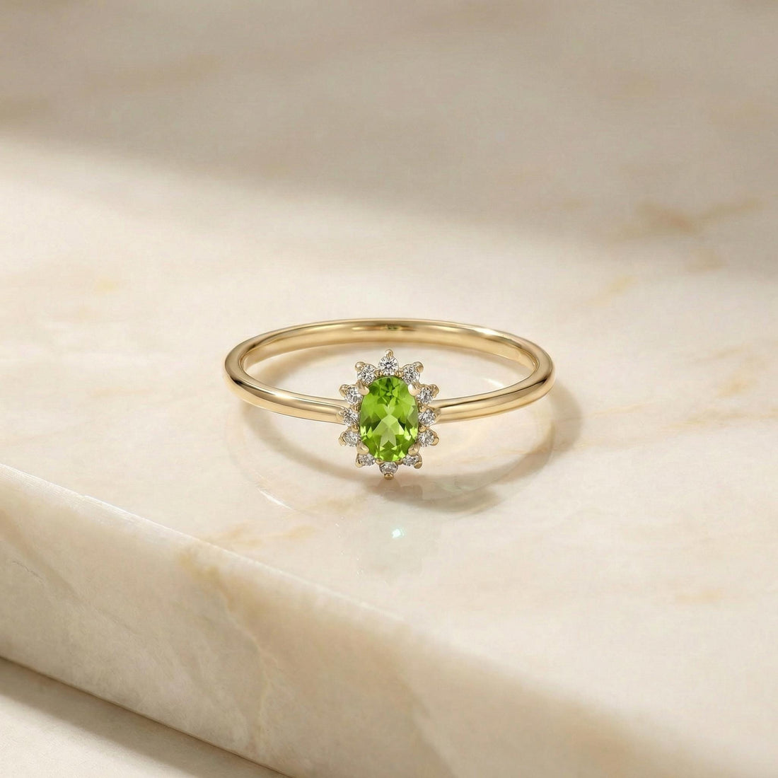 Oval Peridot Halo Ring, 14K Solid Gold Peridot Solitaire Ring, August Birthstone Ring, Dainty Gold Engagement Ring