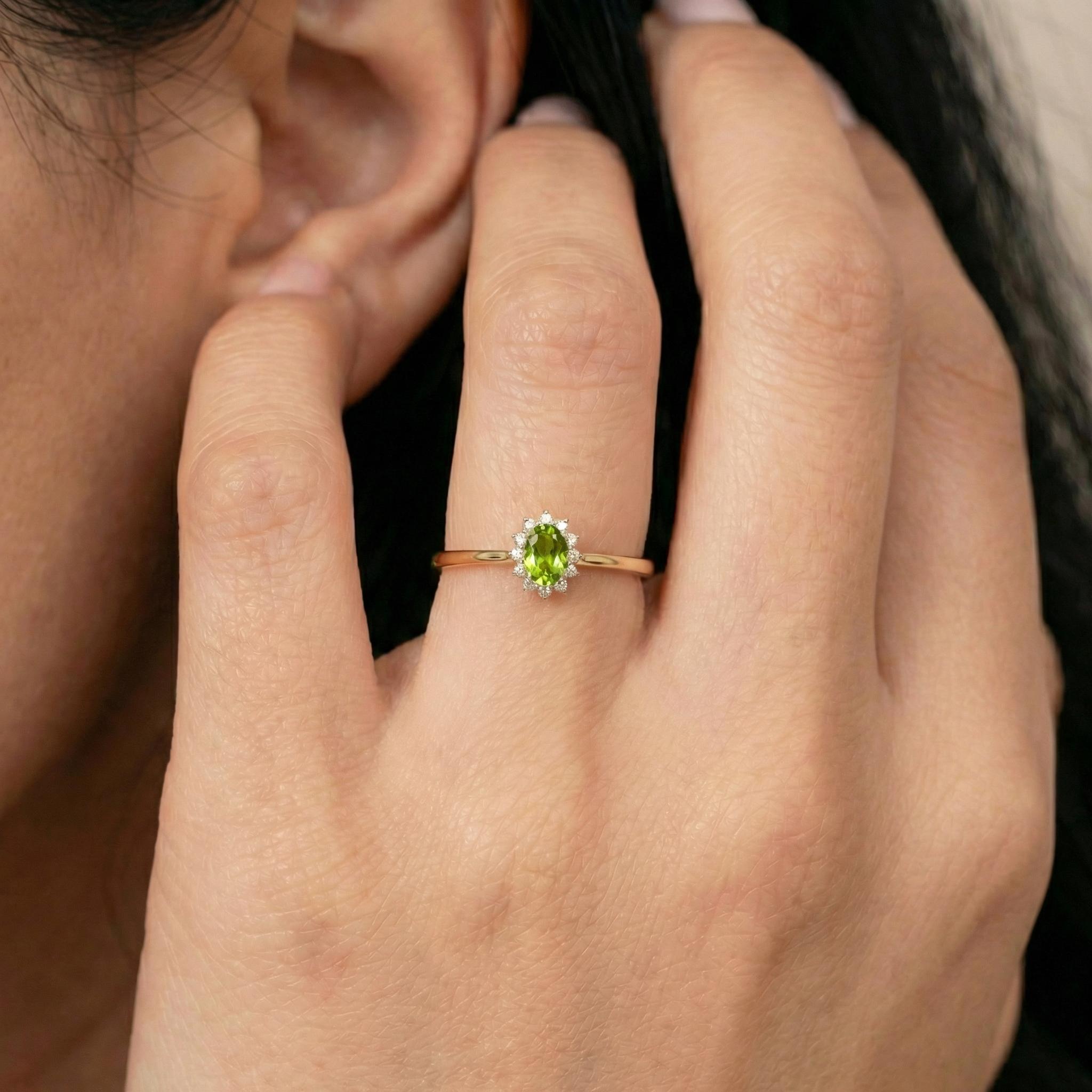 Oval Peridot Halo Ring, 14K Solid Gold Peridot Solitaire Ring, August Birthstone Ring, Dainty Gold Engagement Ring