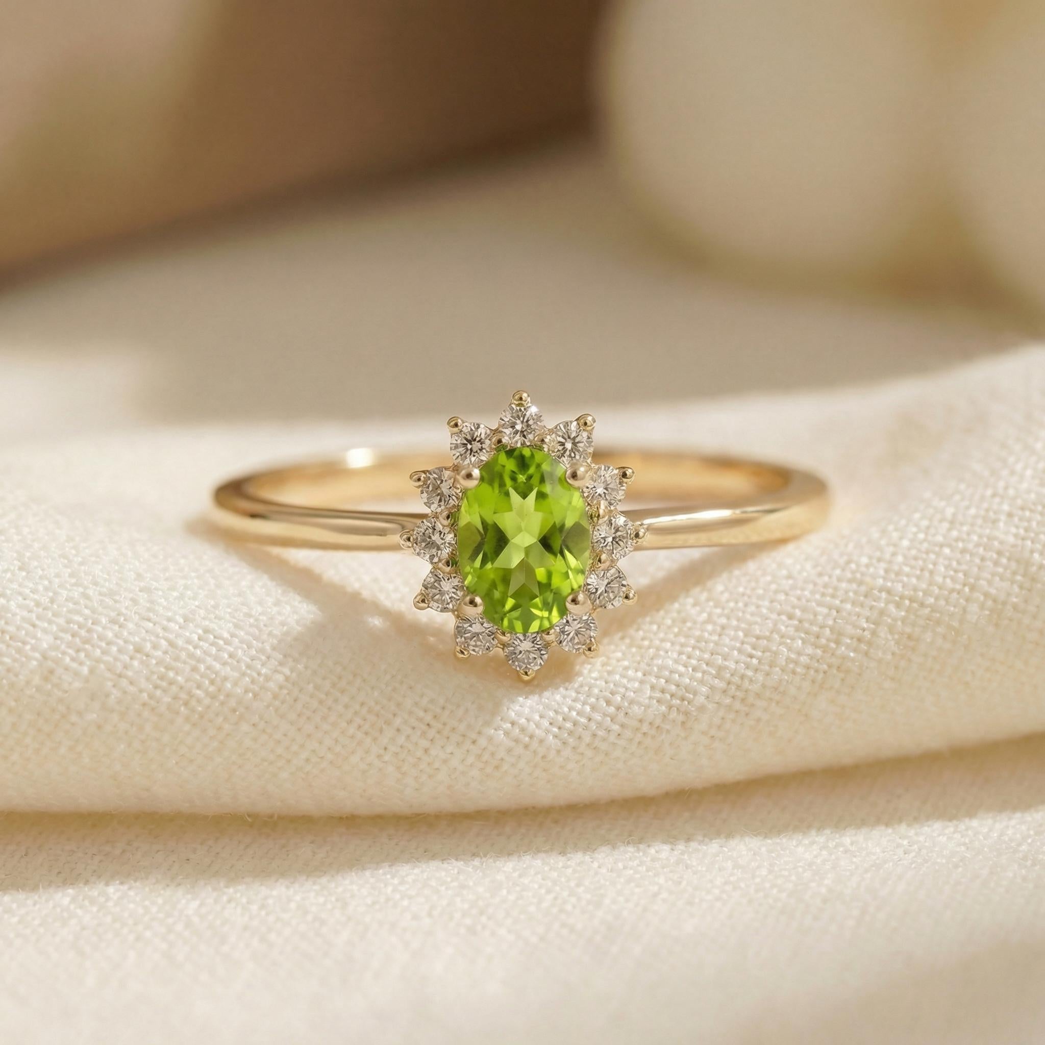 Oval Peridot Halo Ring, 14K Solid Gold Peridot Solitaire Ring, August Birthstone Ring, Dainty Gold Engagement Ring