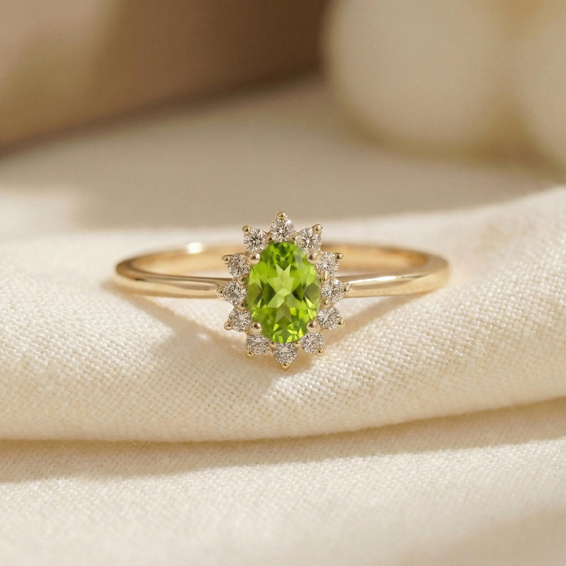 Oval Peridot Halo Ring, 14K Solid Gold Peridot Solitaire Ring, August Birthstone Ring, Dainty Gold Engagement Ring