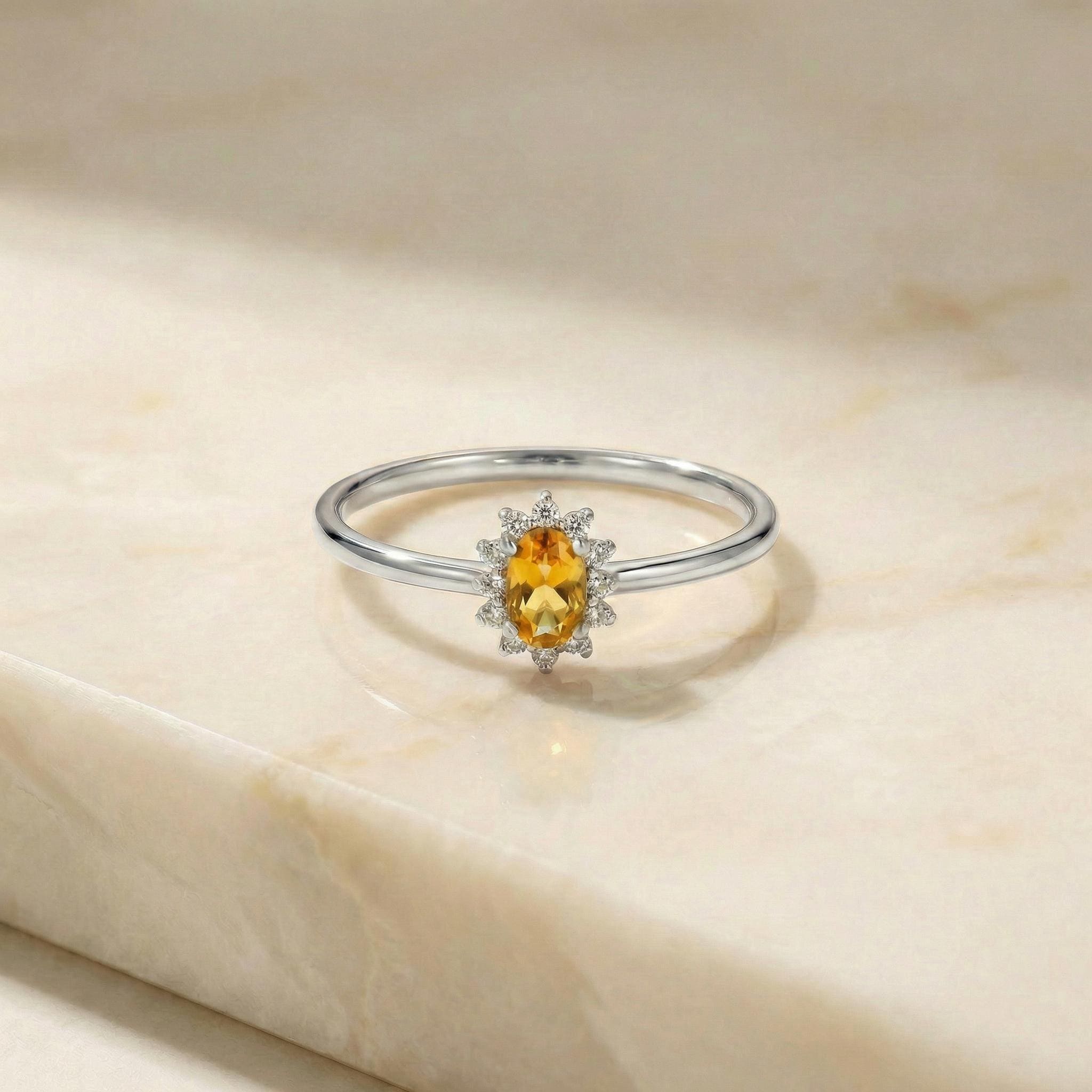 Oval Citrine Halo Ring, 14K Solid Gold Citrine Solitaire Ring, November Birthstone Ring, Dainty Gold Engagement Ring