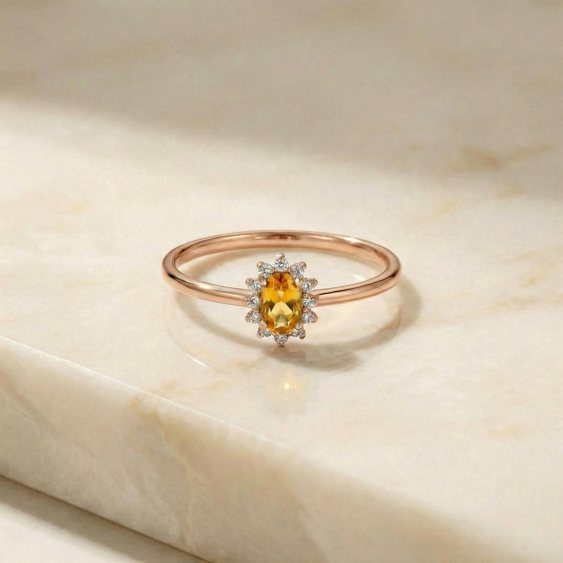 Oval Citrine Halo Ring, 14K Solid Gold Citrine Solitaire Ring, November Birthstone Ring, Dainty Gold Engagement Ring