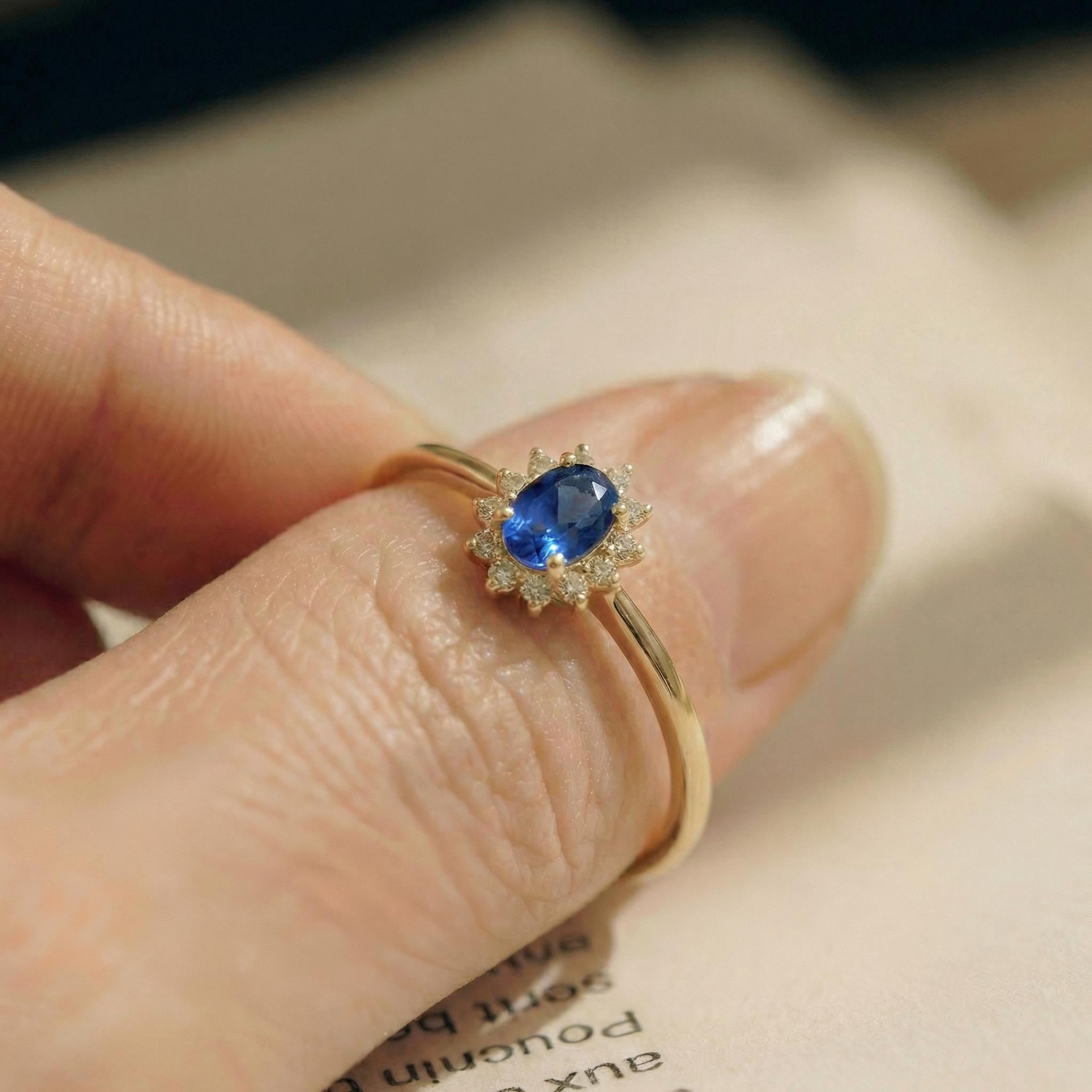 Oval Sapphire Halo Ring, 14K Solid Gold Sapphire Solitaire Ring, September Birthstone Ring, Dainty Gold Engagement Ring