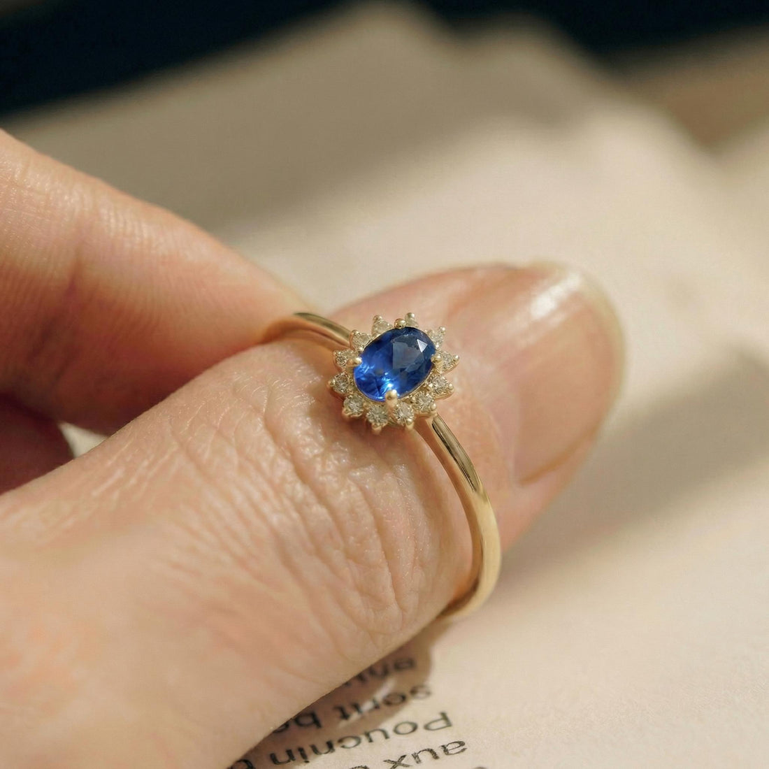 Oval Sapphire Halo Ring, 14K Solid Gold Sapphire Solitaire Ring, September Birthstone Ring, Dainty Gold Engagement Ring