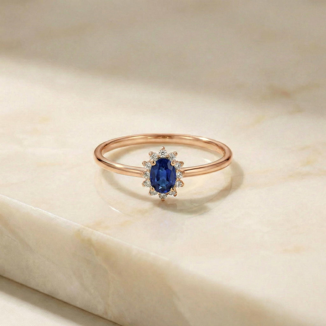 Oval Sapphire Halo Ring, 14K Solid Gold Sapphire Solitaire Ring, September Birthstone Ring, Dainty Gold Engagement Ring