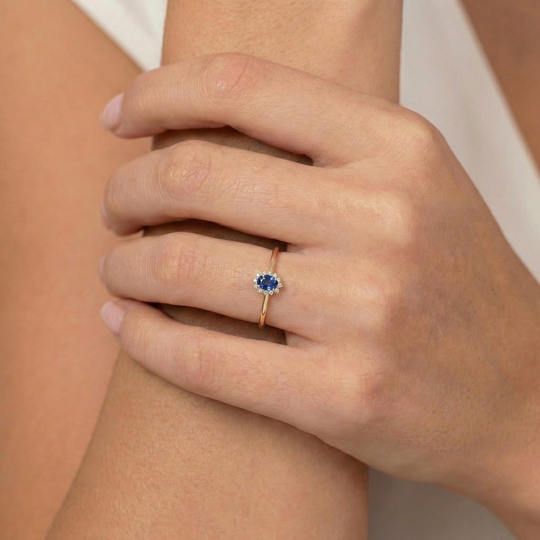 Oval Sapphire Halo Ring, 14K Solid Gold Sapphire Solitaire Ring, September Birthstone Ring, Dainty Gold Engagement Ring